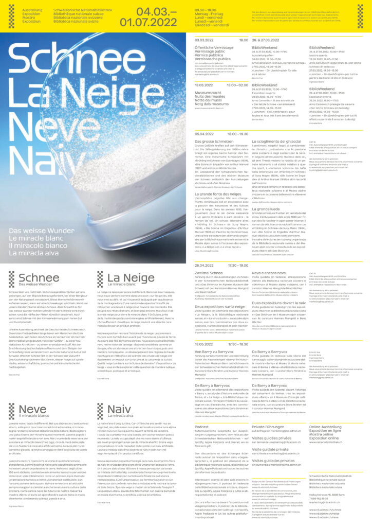 หน้าที่สองของใบปลิวนิทรรศการ 'Neve. ปาฏิหาริย์สีขาว' ของหอสมุดแห่งชาติสวิส