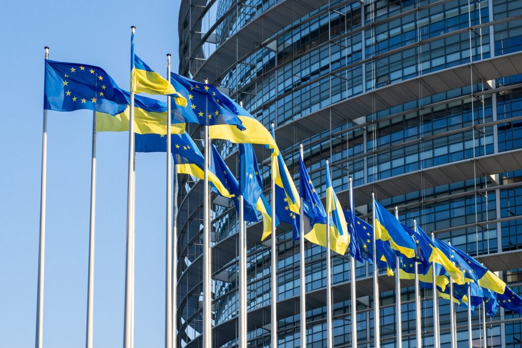 Numerose bandiere ucraine affiancate ad altrettanti vessilli dell'Unione Europea