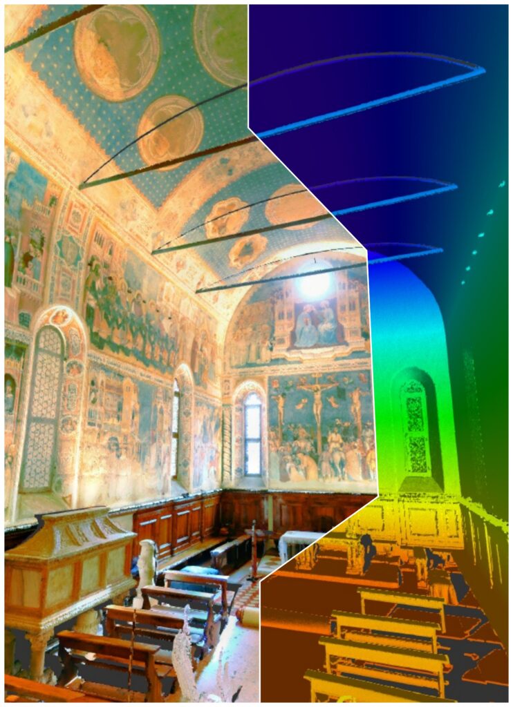 Un collage comparativo entre el "Gemelo Digital" del Oratorio de San Giorgio de Padua y su equivalente real