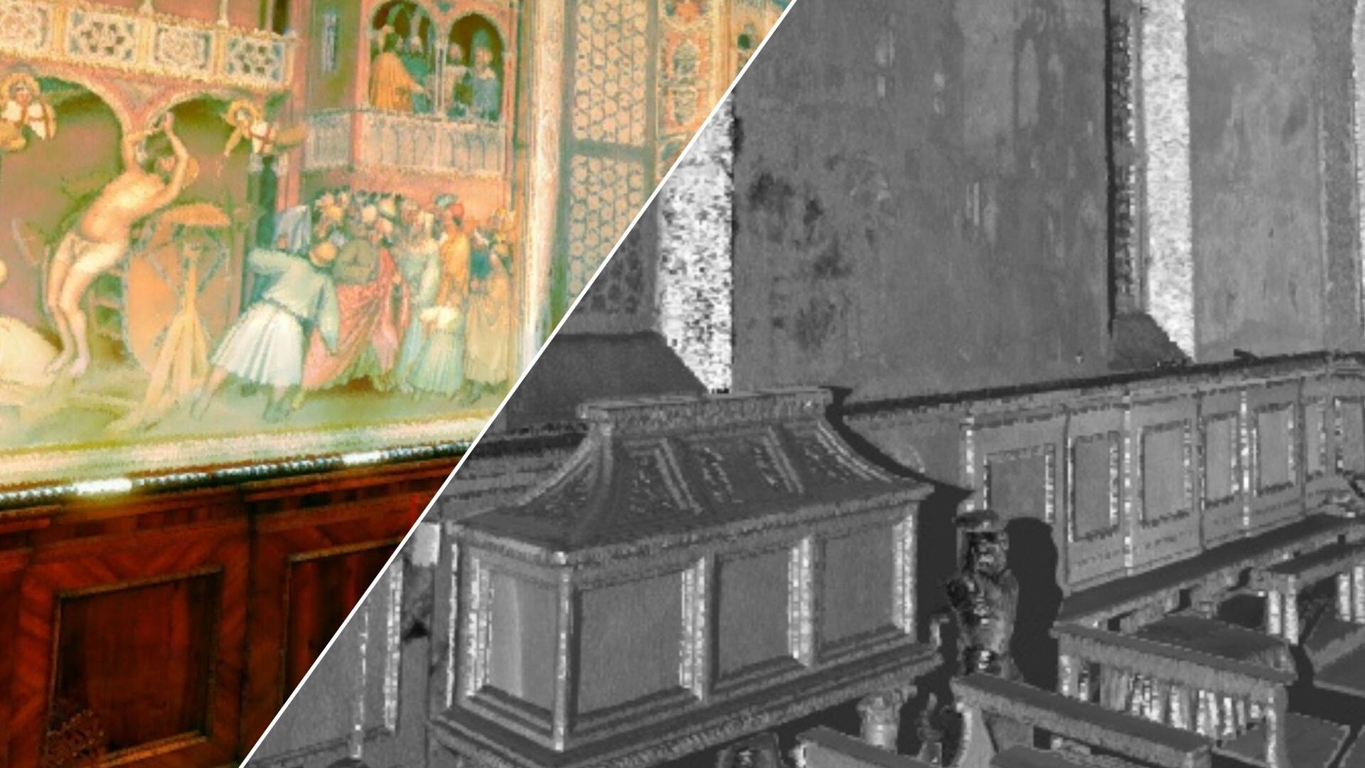 Un collage di confronto fra “Gemello Digitale” dell’Oratorio di San Giorgio di Padova e il corrispettivo Gemello Digitale