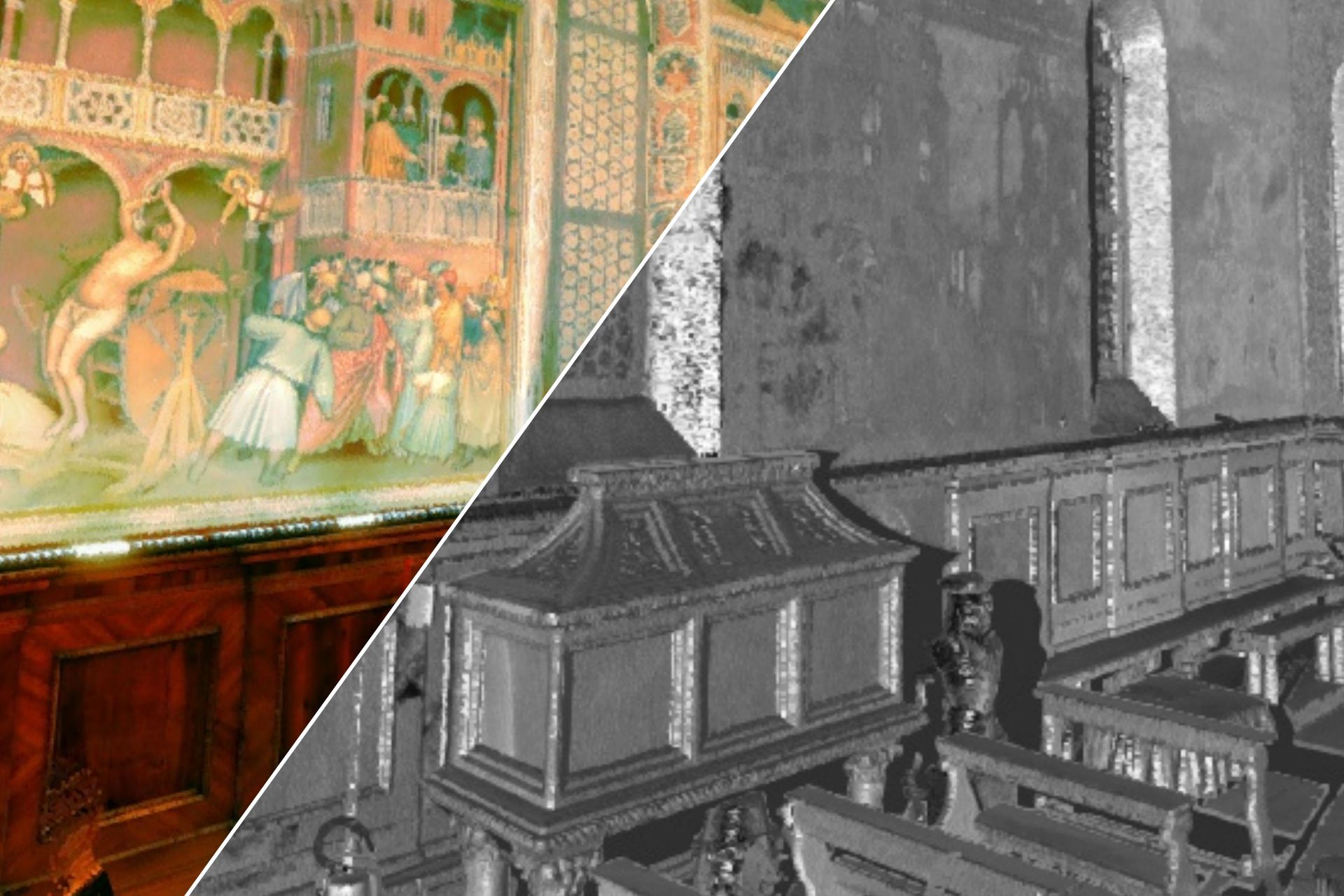 Ảnh ghép so sánh giữa "Bản sao kỹ thuật số" của Nhà nguyện San Giorgio ở Padua và Bản sao kỹ thuật số tương ứng