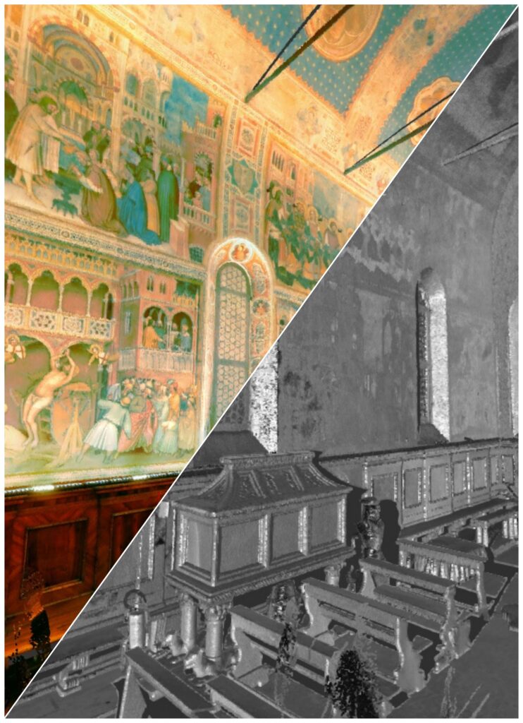 Ảnh ghép so sánh giữa "Bản song sinh kỹ thuật số" của Nhà thờ San Giorgio ở Padua và bản sao thực sự của nó