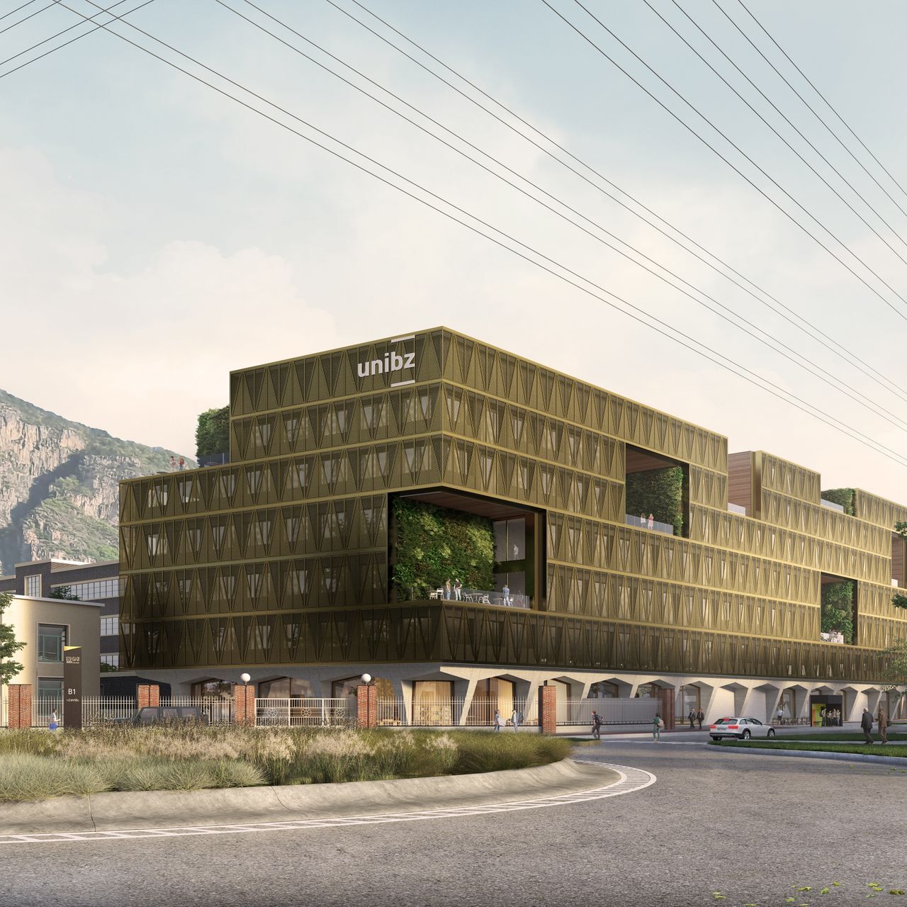 Un rendering esterno della futura Facoltà di Ingegneria della Libera Università di Bolzano presso il NOI Techpark