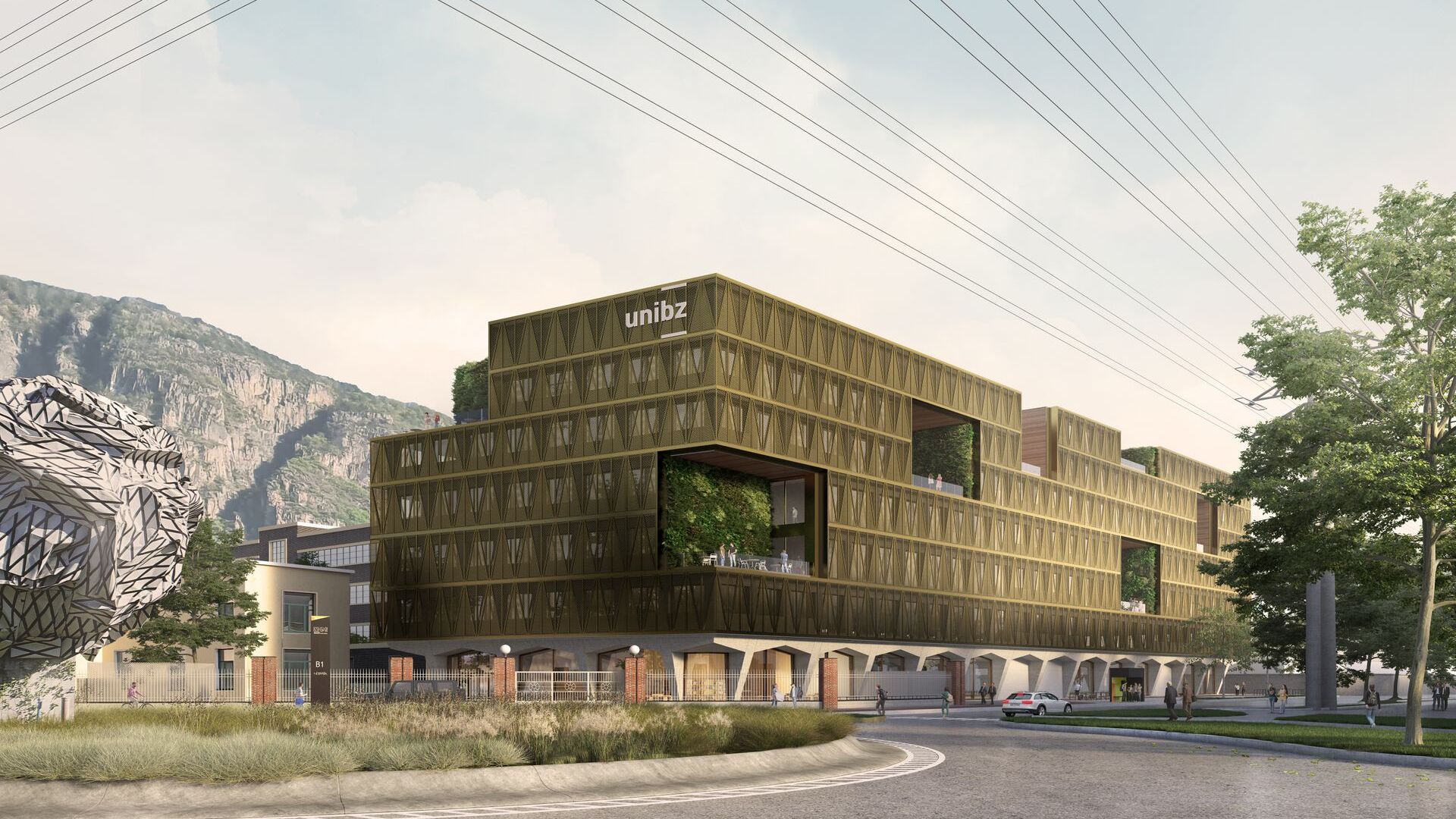 Un rendering esterno della futura Facoltà di Ingegneria della Libera Università di Bolzano presso il NOI Techpark