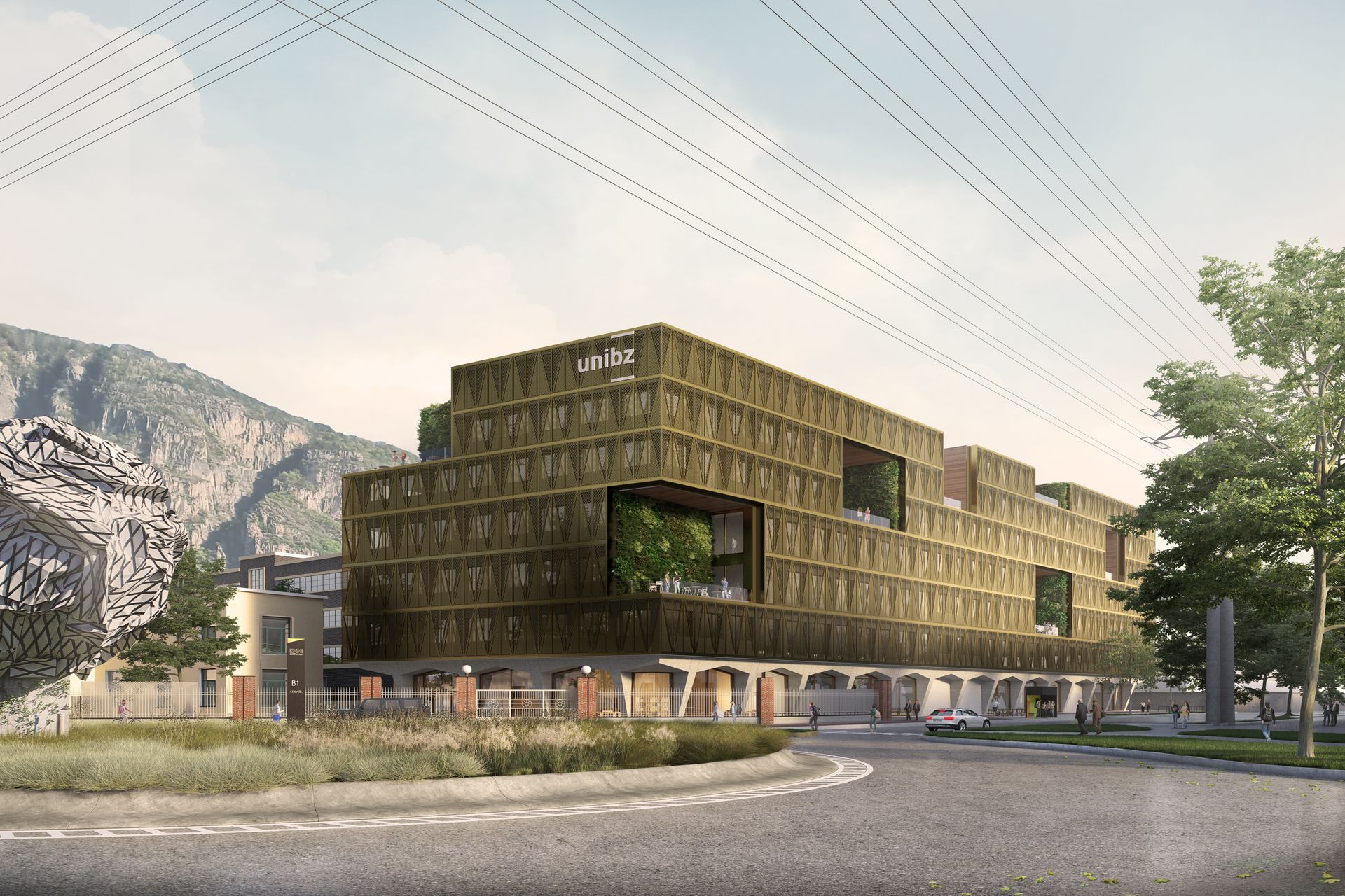Un rendering esterno della futura Facoltà di Ingegneria della Libera Università di Bolzano presso il NOI Techpark