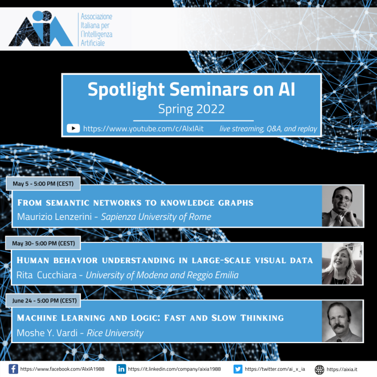 La locandina del ciclo di seminari gratuiti "Spotlight Seminars on AI" previsto nel 2022 dall'Associazione Italiana per l’Intelligenza Artificiale (AIxIA)