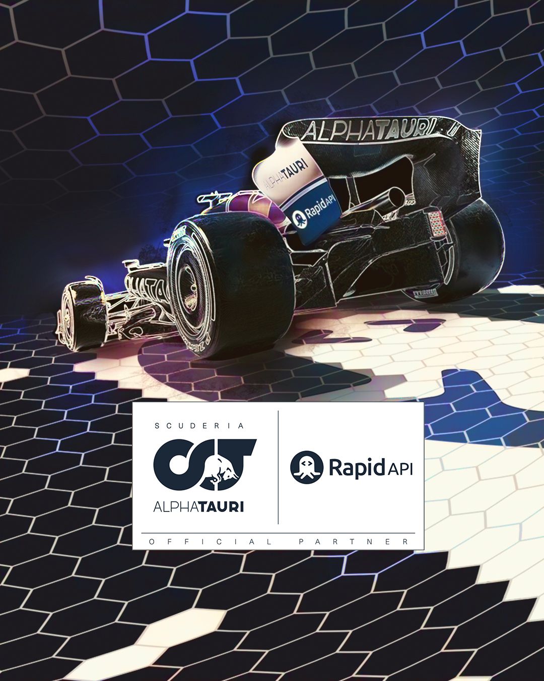 Un'illustrazione grafica della collaborazione fra la Scuderia Alpha Tauri e RapidAPI in Formula 1