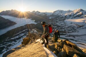 Il freeskier Jérémie Heitz e l’alpinista Sam Anthamatten durante la reale scalata del monte Cervino che ha ispirato Red Bull Svizzera