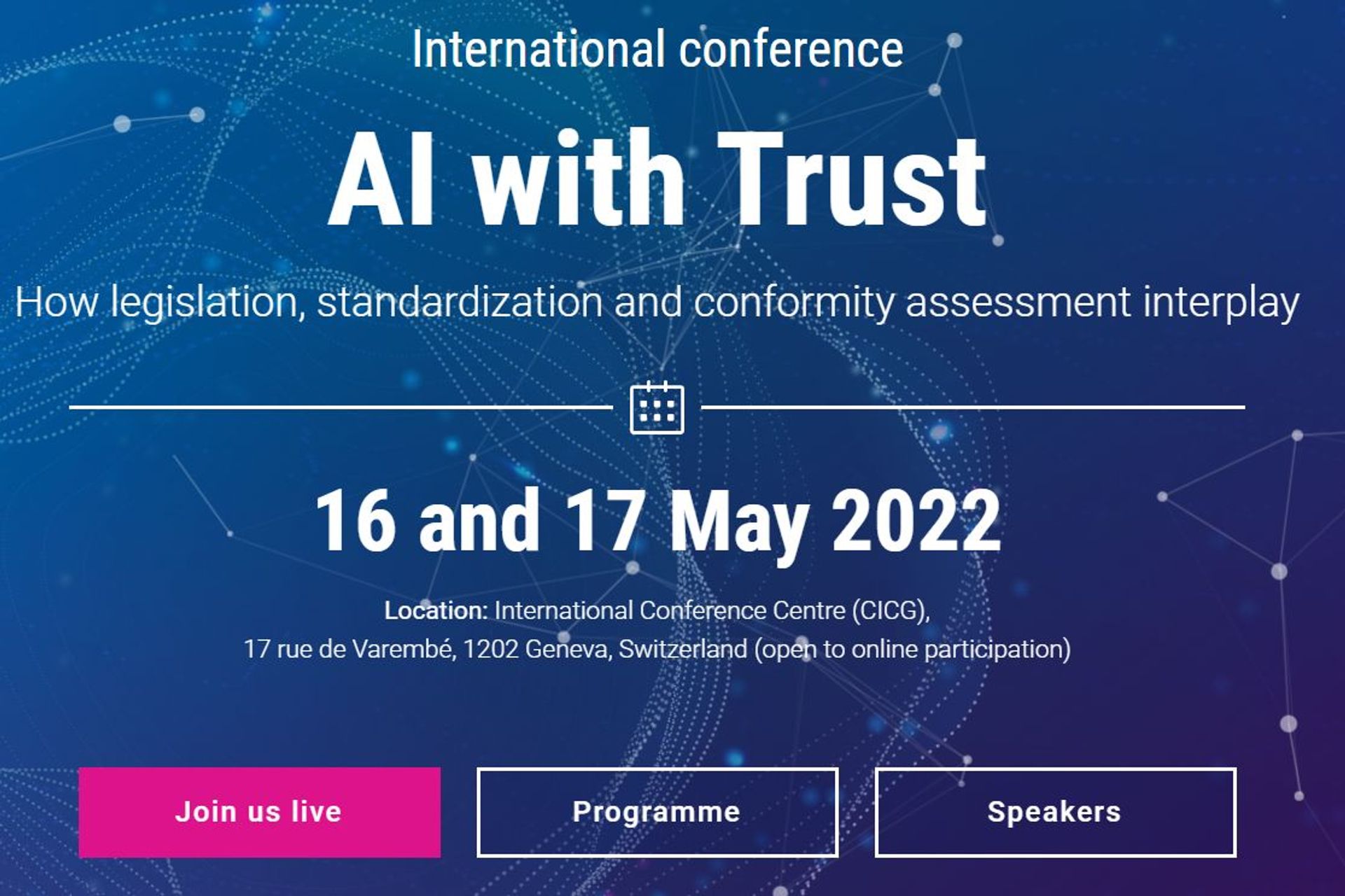 La locandina ufficiale della manifestazione "AI with trust" di Ginevra del 16 e 17 maggio 2022