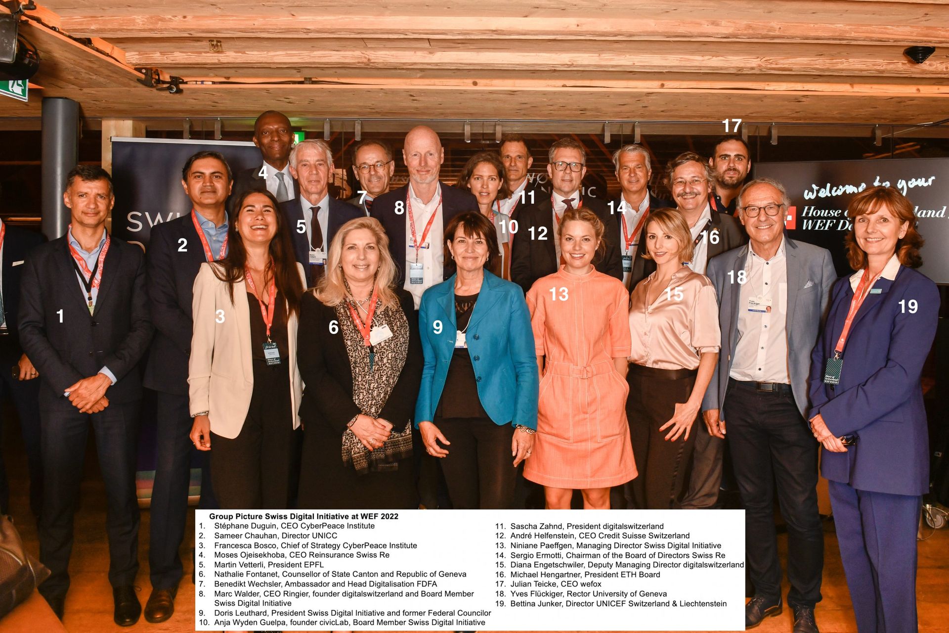 Visoke švicarske i međunarodne osobe na predstavljanju "Digital Trust Label" na Svjetskom gospodarskom forumu 2022. u Davosu (s brojevima označenim imenima)