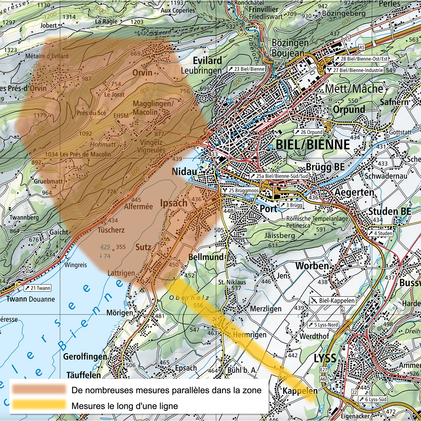 Grafico del perimetro approssimativo della prospezione attesa per l'area di Macolin ed Evilard nel Canton Berna