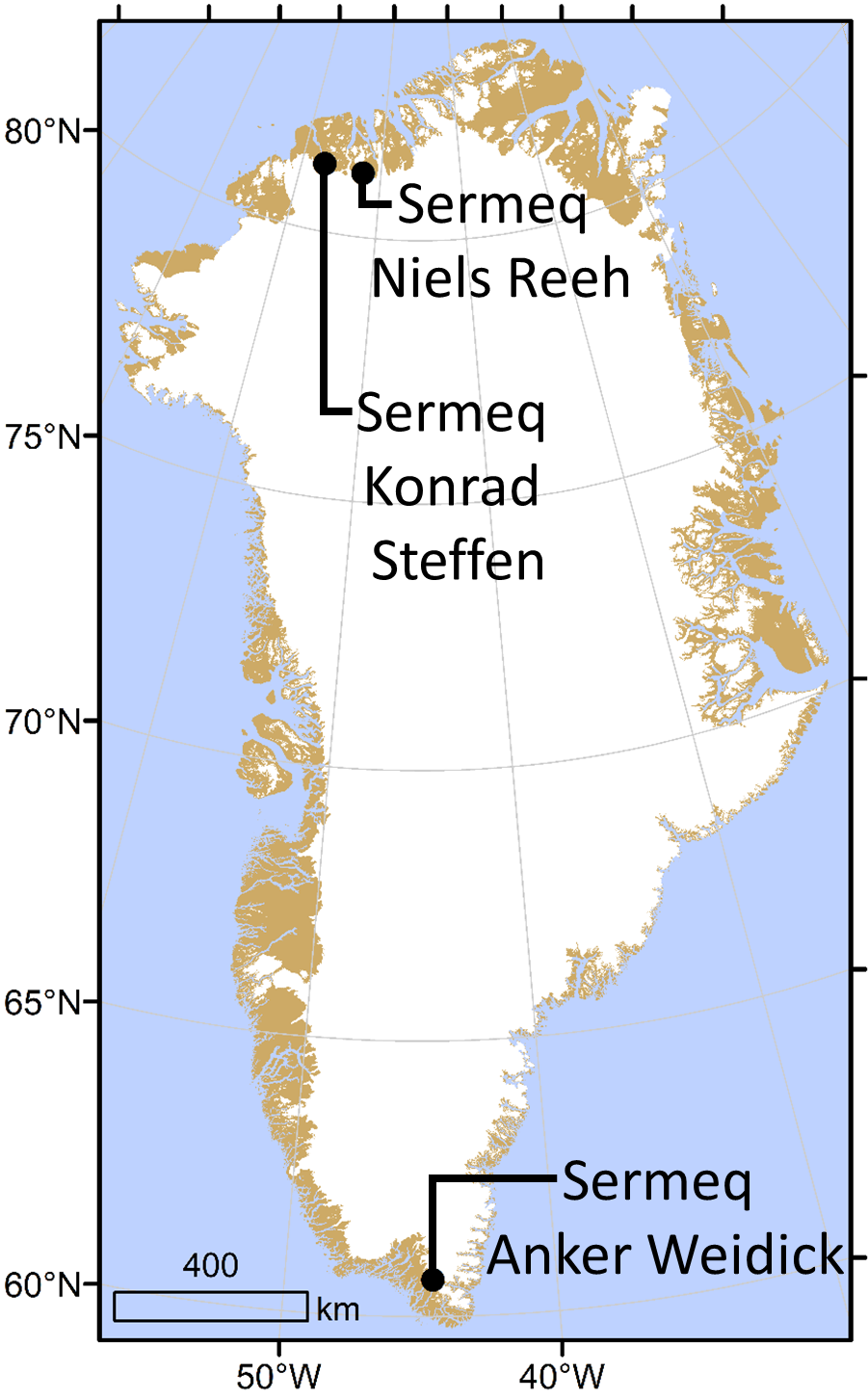Il posizionamento dei ghiacciai groenlandesi intitolati agli scienziati Niels Reeh, Anker Weidick e Konrad Steffen