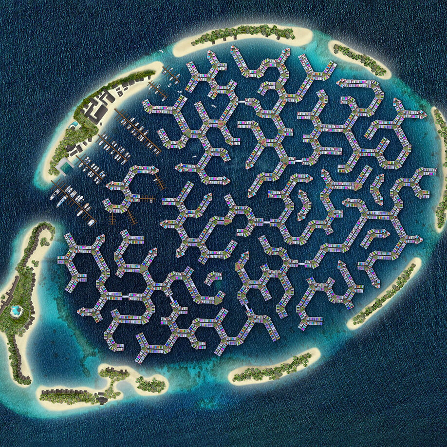 La “Maldives Floating City” è una laguna della superficie di circa 200 ettari, caratterizzata da edifici e da strade galleggianti, situata alle Maldive a circa 10 minuti di barca dalla capitale Malé allo scopo di proteggere i residenti dalla crescita del livello dei mari: la sua conformazione è ispirata alla geometria esagonale del corallo locale