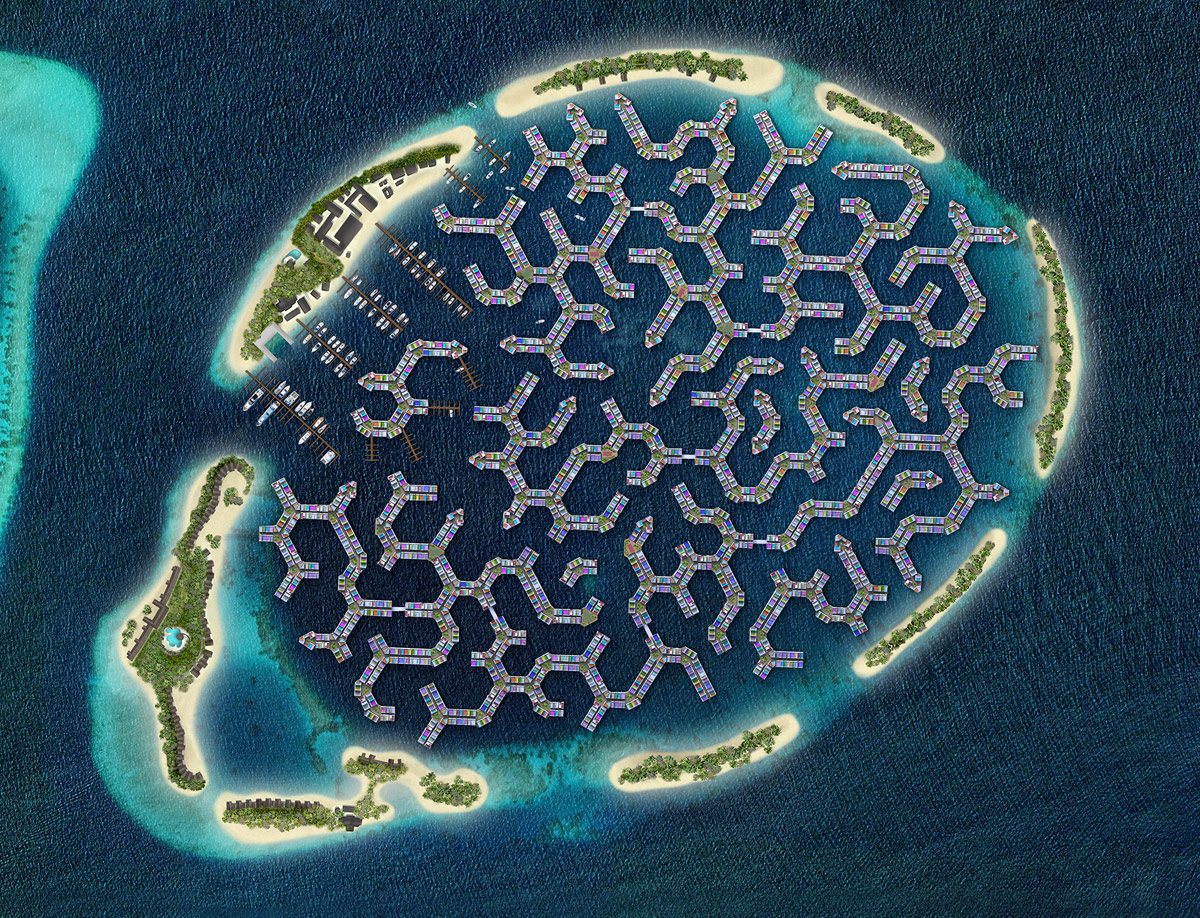 La “Maldives Floating City” è una laguna della superficie di circa 200 ettari, caratterizzata da edifici e da strade galleggianti, situata alle Maldive a circa 10 minuti di barca dalla capitale Malé allo scopo di proteggere i residenti dalla crescita del livello dei mari: la sua conformazione è ispirata alla geometria esagonale del corallo locale