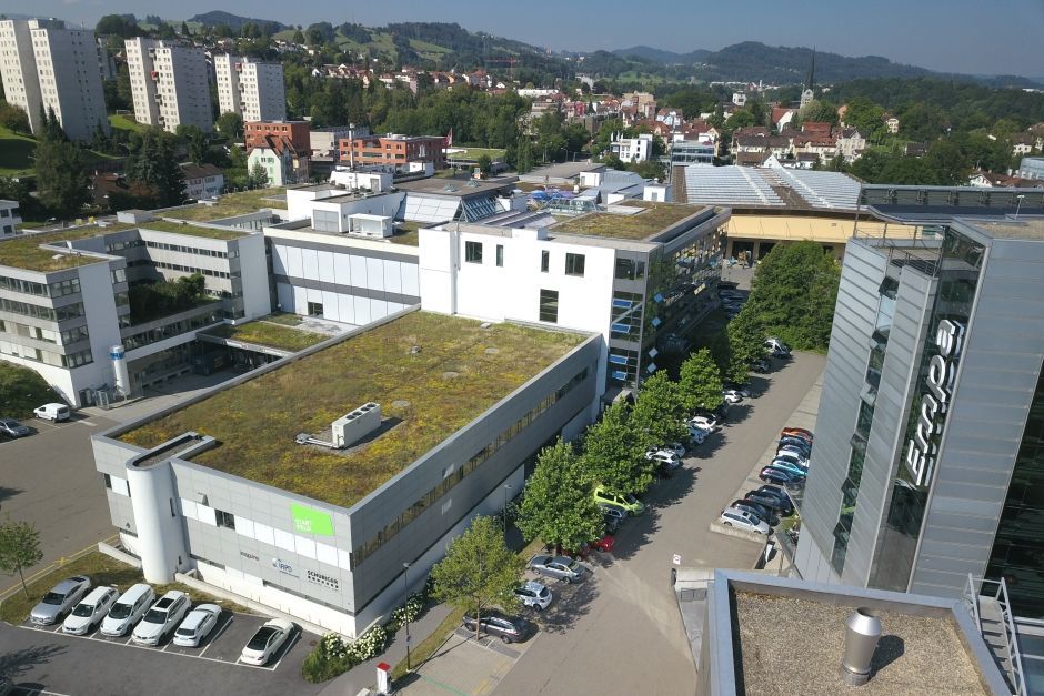 Il Campus Lerchenfeld di San Gallo, base del Parco Svizzero dell'Innovazione Est, visto dall'alto
