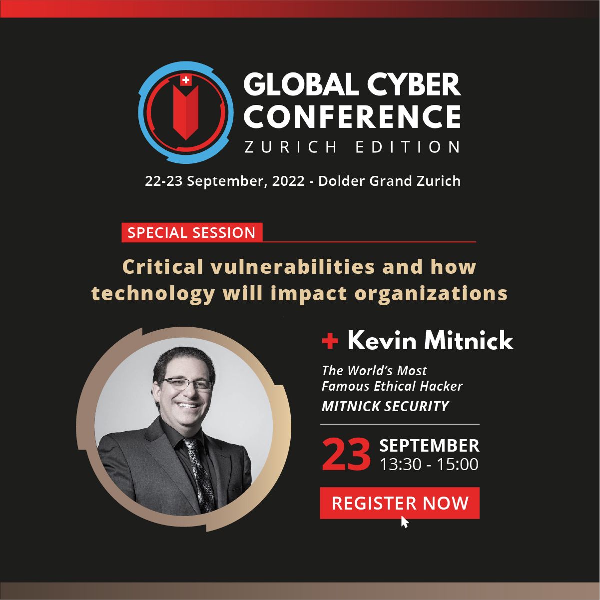 La presentazione di Kevin Mitnick alla "Global Cyber Conferenze": l'evento è in calendario a Zurigo (Svizzera) il 22 e 23 settembre 2022