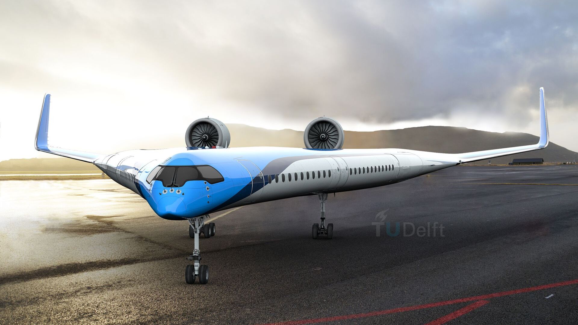 L’aereo sostenibile “Flying-V” di KLM e dell’Università TU Delft (Ilustrazione: Edwin Wallet/Studio OSO)