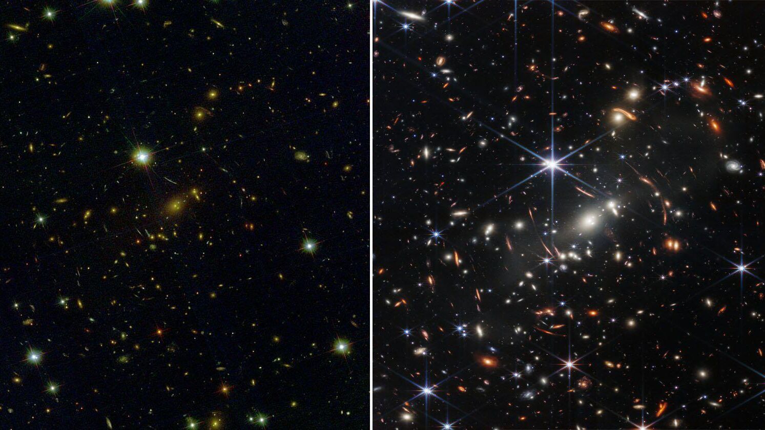 Telescopi spaziali a confronto a sinistra, la stessa porzione di cielo vista dall’Hubble Space Telescope e, a destra, osservata dal più recente James Webb