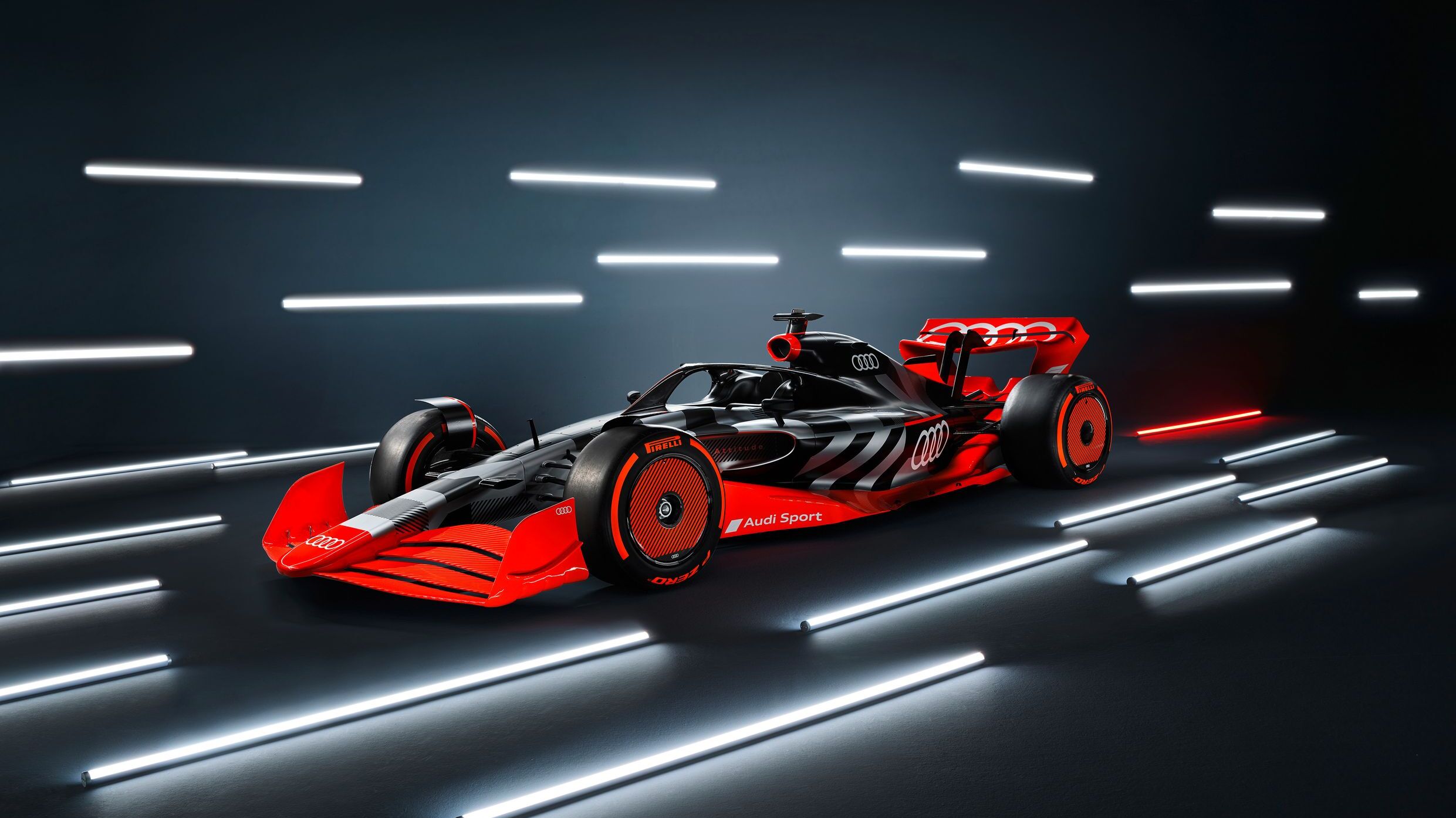 Una monoposto di Formula 1 adattata alla livrea Audi Sport