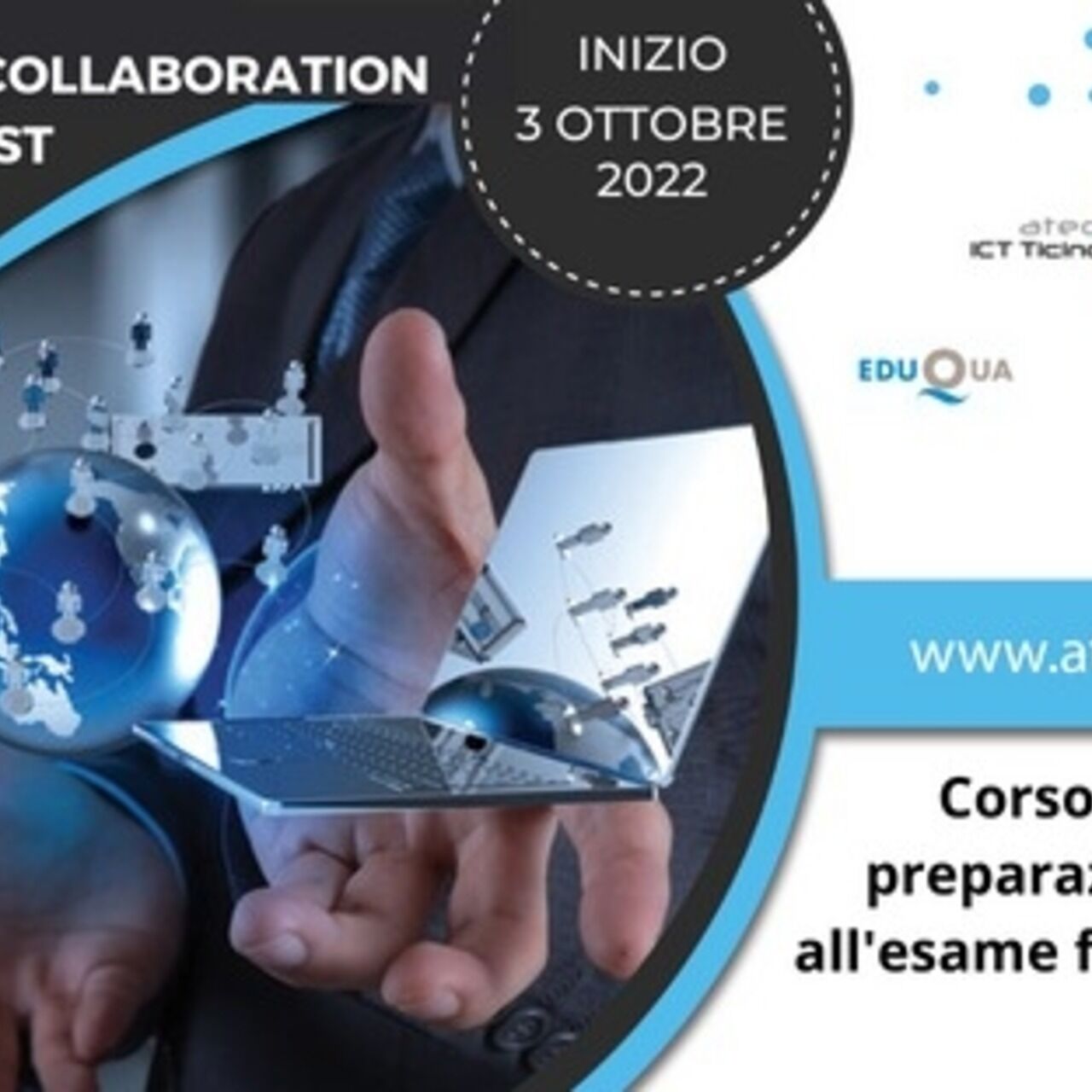 Il key visual del flyer del corso per “Digital Collaboration Specialist con Attestato Professionale Federale” di ated-ICT Ticino