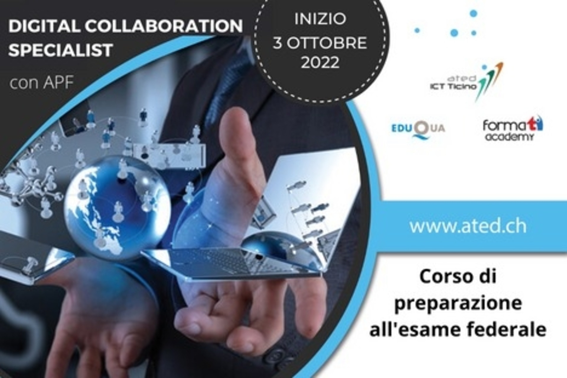 Az ated-ICT Ticino „Digitális együttműködési szakértője szövetségi szakmai bizonyítvánnyal” tanfolyami szórólapjának kulcsképe