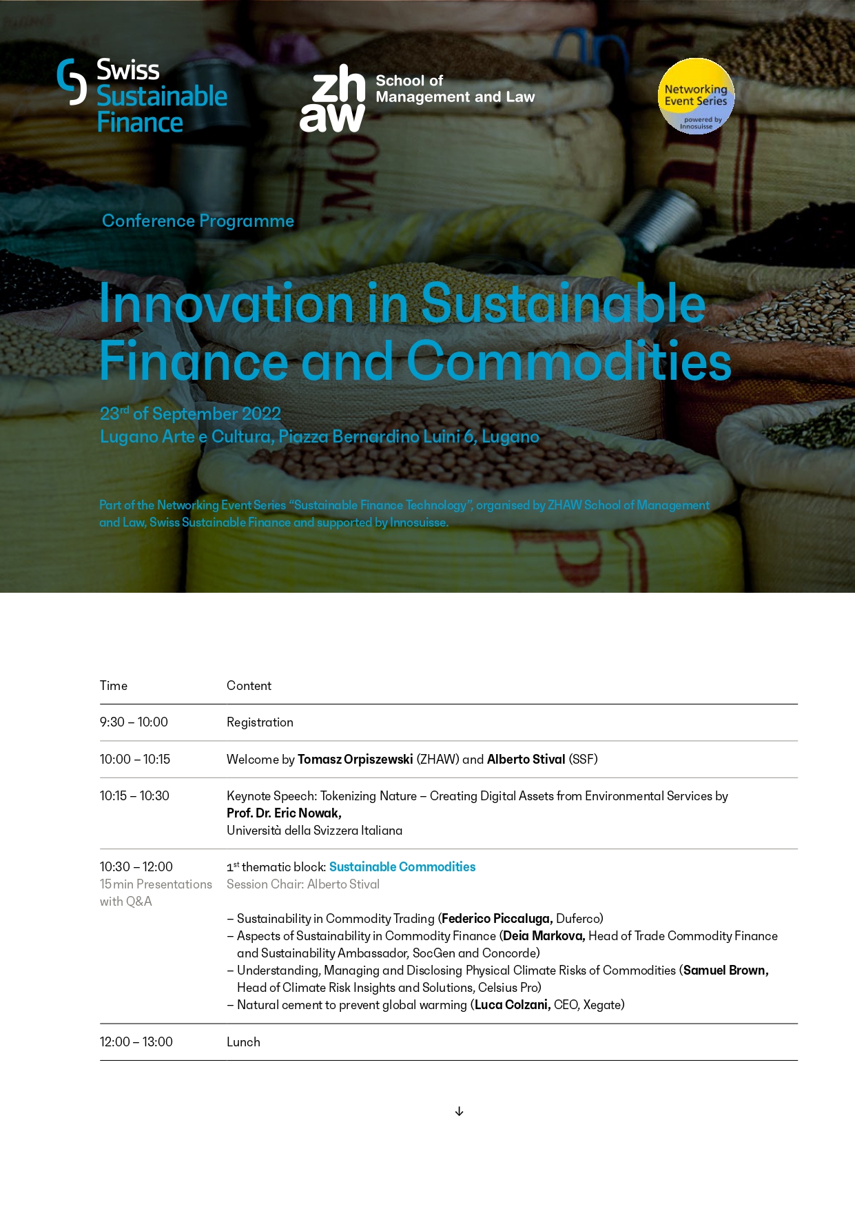 La prima pagina del programma di "Innovation in Sustainable Finance and Commodities" (in lingua inglese)
