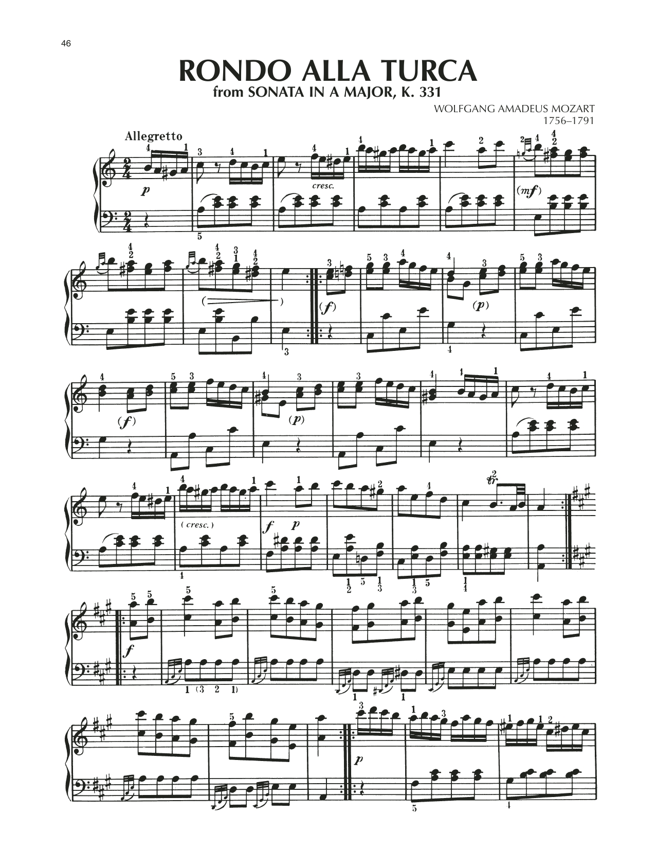 Lo spartito del rondò "Alla Turca" dalla Sonata numero 11 di Wolfgang Amdadeus Mozart