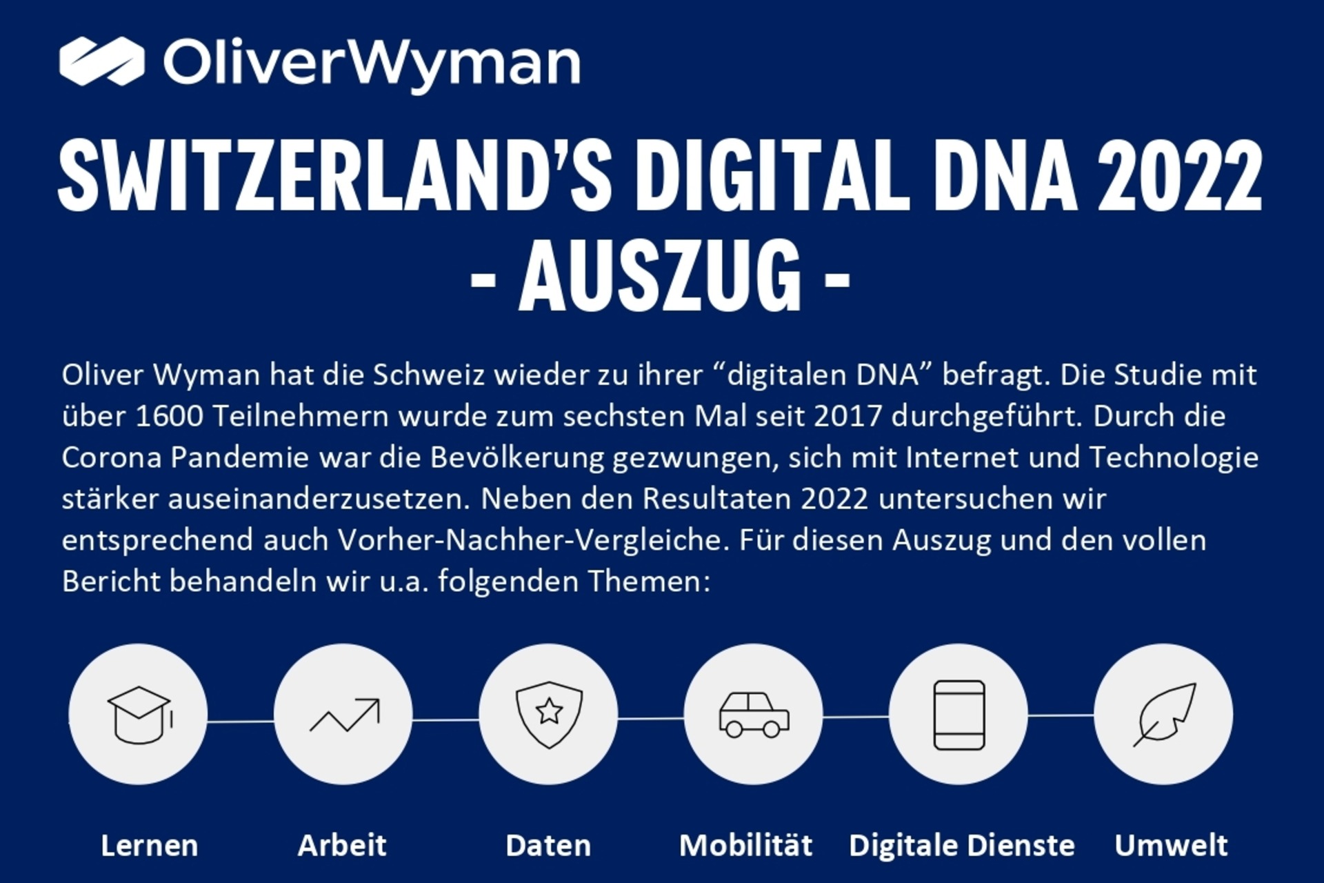 La parte superiore della prima pagina delle infografiche dell'inchiesta "Switzerlands Digital DNA" di Oliver Wyman e digitalswitzerland