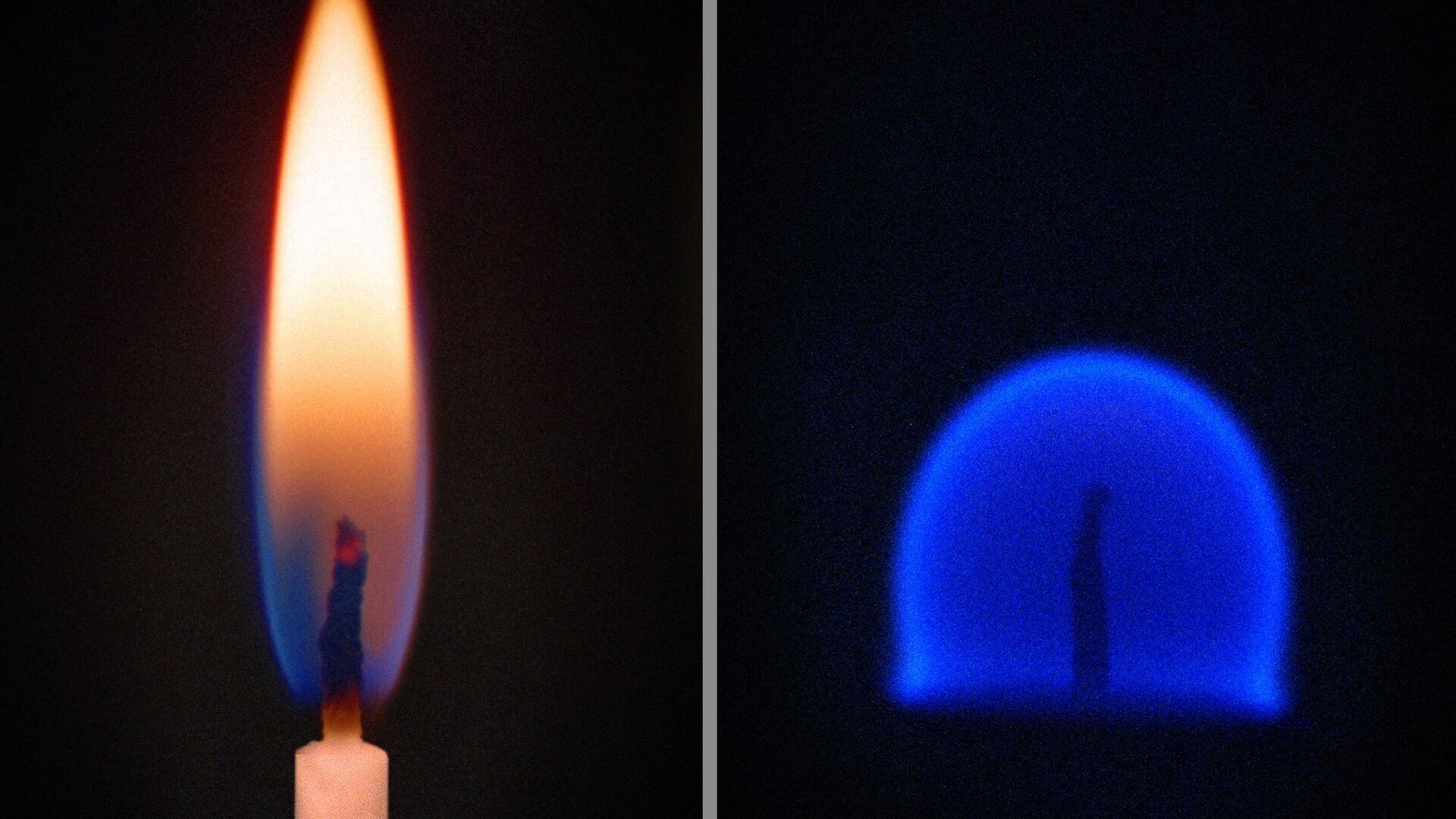 Un confronto tra la combustione di una candela sul pianeta Terra, a sinistra, e quella in un ambiente di caduta libera, come quello della Stazione Spaziale Internazionale, a destra