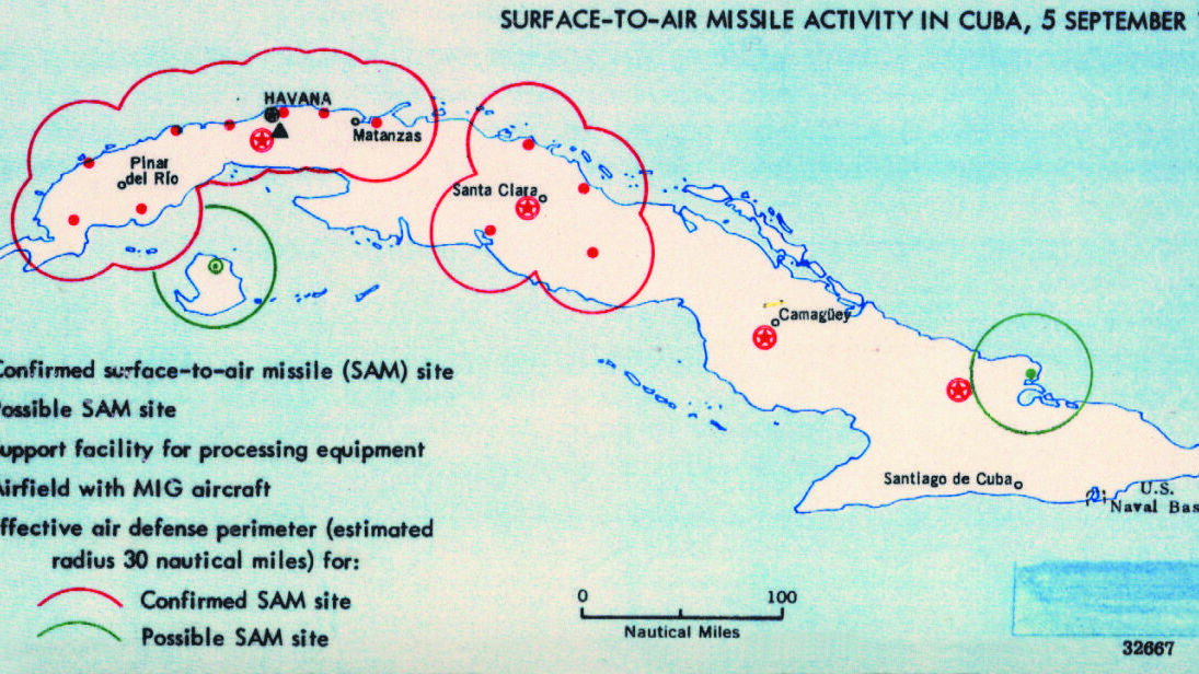 Una cartina geografica di Cuba il 5 settembre 1962 con l'indicazione dei missili e dei MIG sovietici