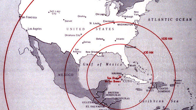Una mappa della portata massima dei missili URSS installati a Cuba nel 1962