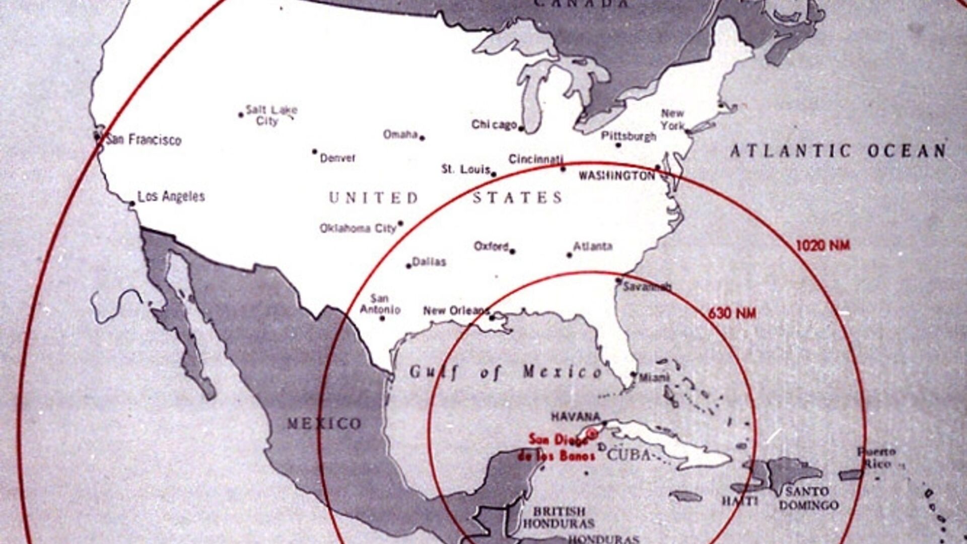 Una mappa della portata massima dei missili URSS installati a Cuba nel 1962