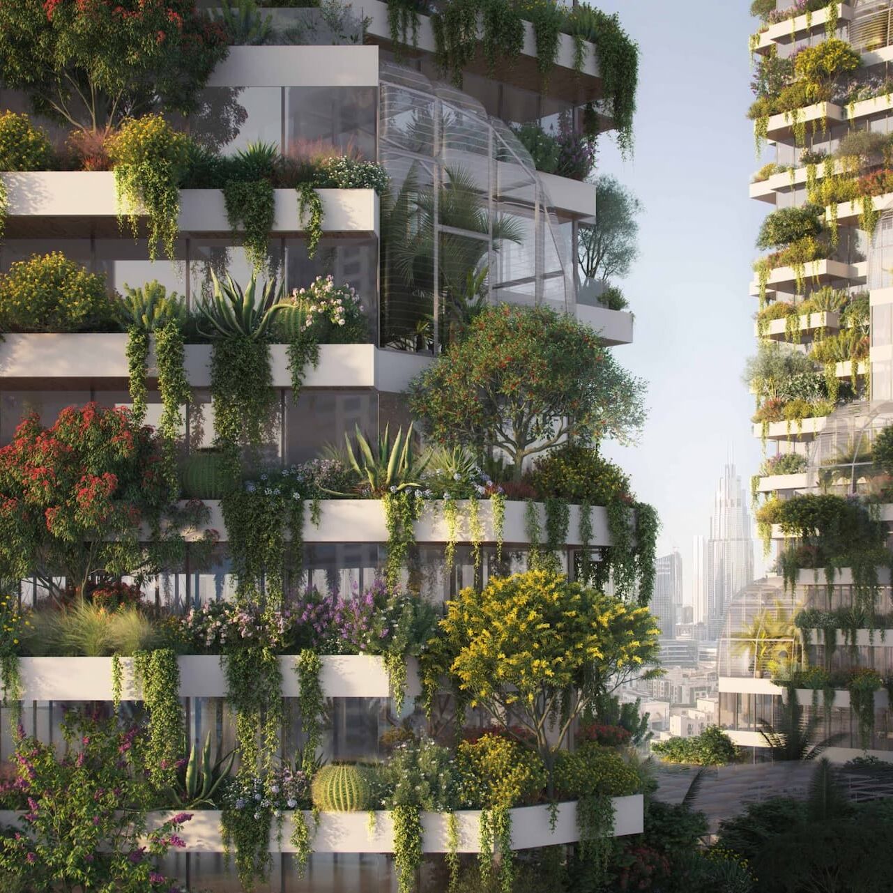 Függőleges erdő: a Dubai Függőleges Erdő részlete, amely több mint 27 XNUMX fának ad otthont, amelyek együttműködve csökkentik a szennyezést és elősegítik az ideális mikroklímát (Fotó: Stefano Boeri Architetti)