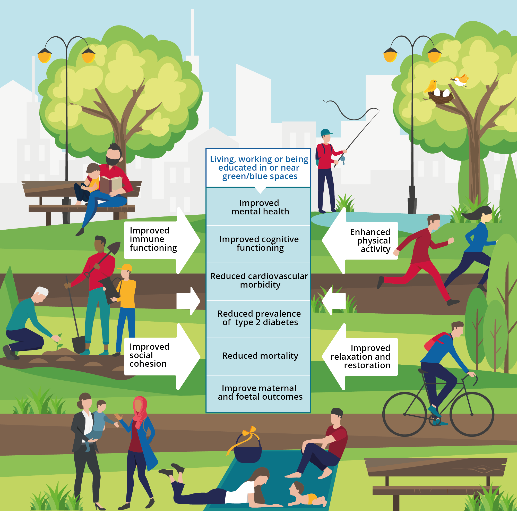 L'infografica diffusa dall'Agenzia Europea dell'Ambiente evidenza gli influssi positivi che il verde urbano ha sull'organismo (Immagine: EEA)