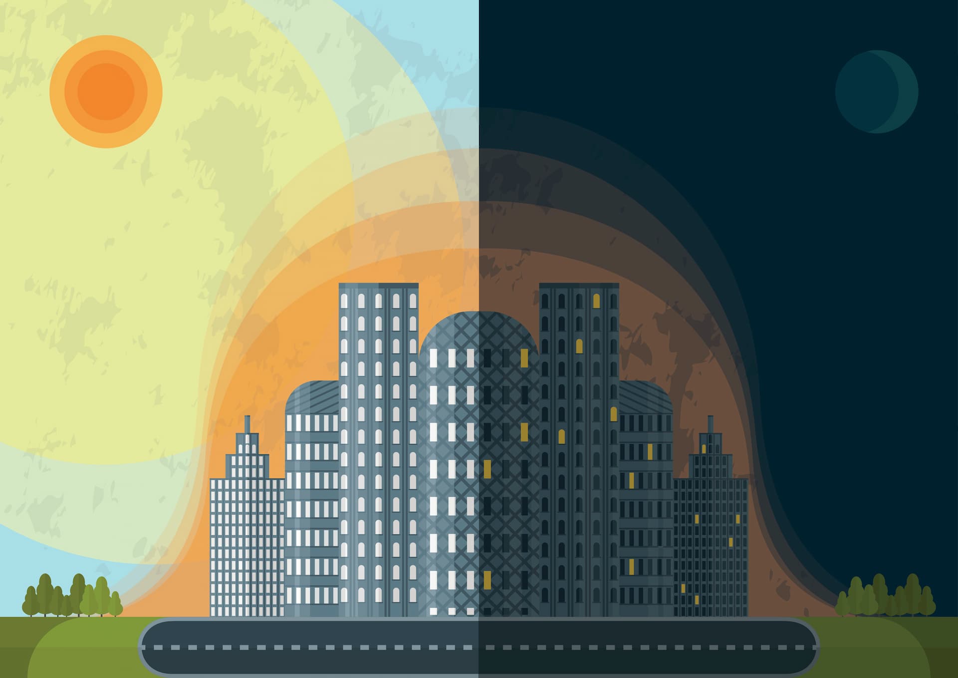 शहरी ताप द्वीप का एक ग्राफिक प्रतिनिधित्व: दिन के दौरान इमारतें और पक्के क्षेत्र सौर विकिरण को अवशोषित करते हैं, जिसकी गर्मी फिर रात में निकलती है। परिणाम? शहरी क्षेत्र ग्रामीण या परिधीय क्षेत्रों की तुलना में लगातार गर्म होते हैं (छवि: वेलेंटीना क्रुचिनिना / आईस्टॉक)