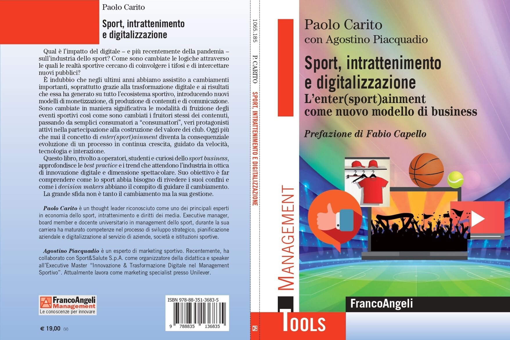 entersporttainment: obálka a zadní strana knihy „Sport, zábava a digitalizace. Vstupte do sportu jako nového obchodního modelu“, napsal Paolo Carito s Agostinem Piacquadiem a vydal Franco Angeli Editore