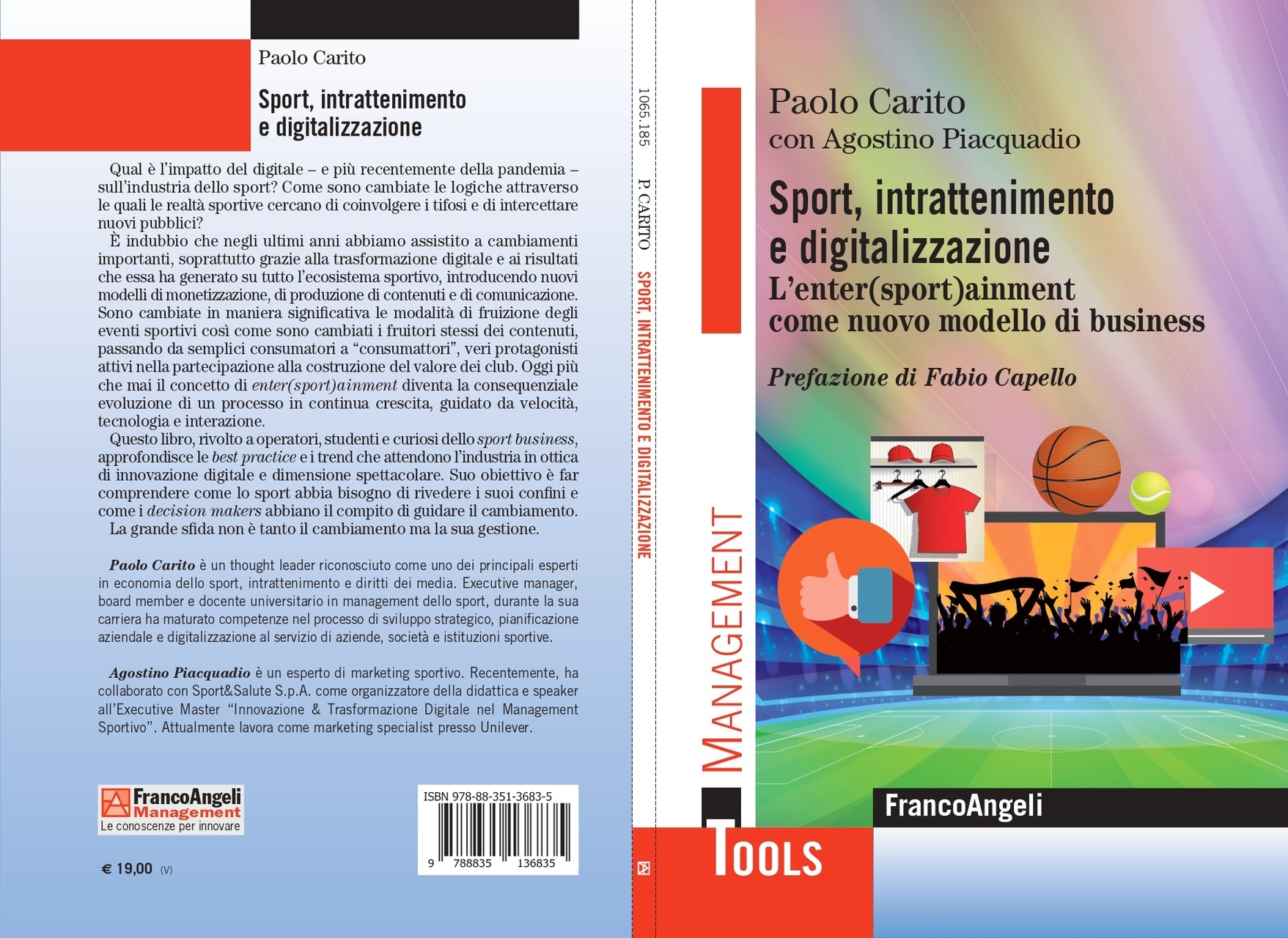 underholdning: omslaget og baksiden av boken «Sport, underholdning og digitalisering. Enter(sport)ainment as a new business model”, skrevet av Paolo Carito, med Agostino Piacquadio, og utgitt av Franco Angeli Editore