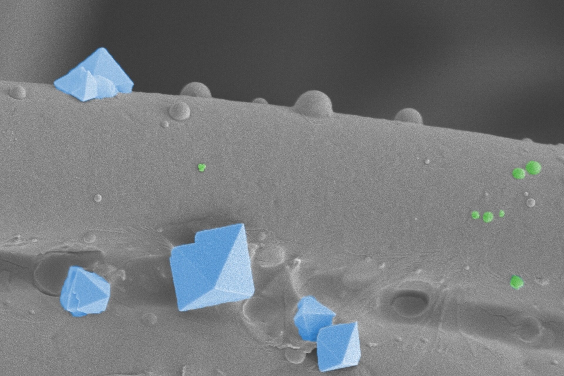 Smrt viru: Jen několika virům se podaří dostat do nejvnitřnější vrstvy látkové masky: Obrázek (skenovací elektronová mikroskopie, post-color) ukazuje textilní vlákno s krystaly soli (modré) a viry o velikosti asi 100 nanometrů (zelené)