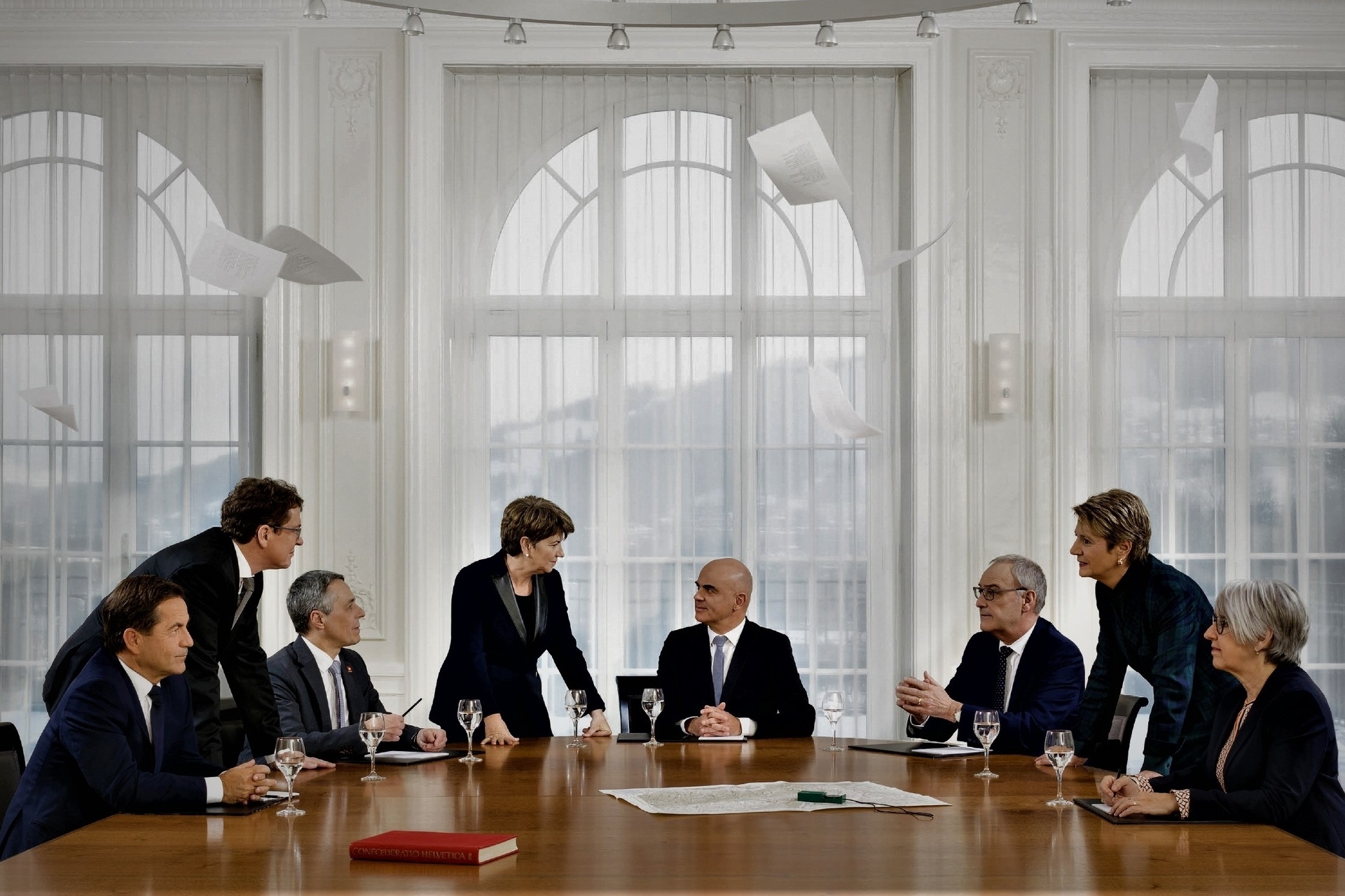 2023 年世界經濟論壇：瑞士聯邦聯邦委員會 2023 年官方照片：從左到右為聯邦總理沃爾特·圖恩赫爾 (Walter Thurnherr) 和聯邦委員阿爾伯特·羅斯蒂 (Albert Rösti)、伊格納齊奧·卡西斯 (Ignazio Cassis)、維奧拉·阿姆赫德 (Viola Amherd)（副主席）、阿蘭·貝爾賽 (Alain Berset)（主席）、蓋伊 (Guy)帕梅林、卡琳·凱勒-薩特和伊麗莎白·波美-施奈德