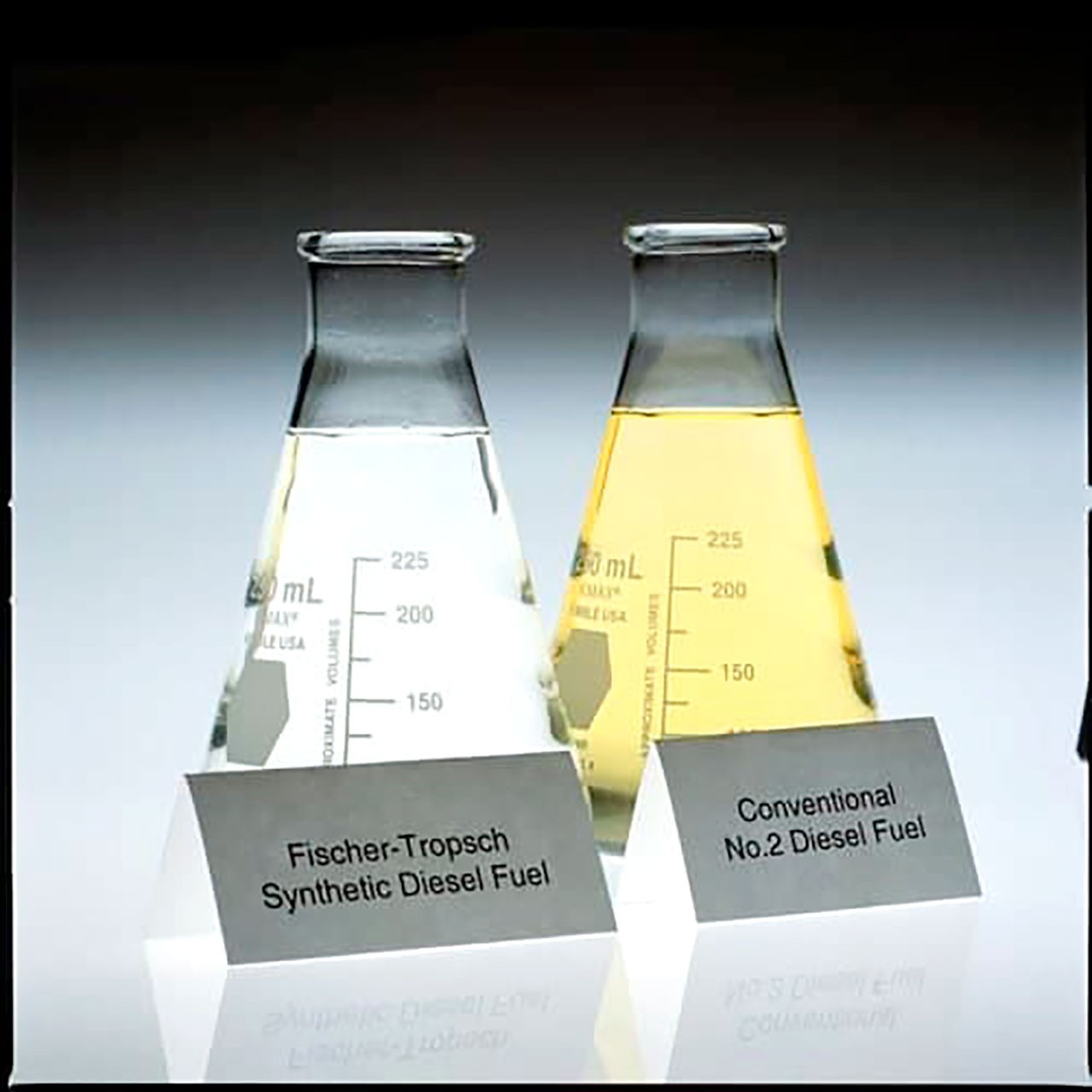 Metano sintético: uma comparação visual entre o combustível sintético FT e o combustível tradicional: o primeiro é visivelmente mais limpo, transparente como a água devido à quase total ausência de enxofre e compostos aromáticos