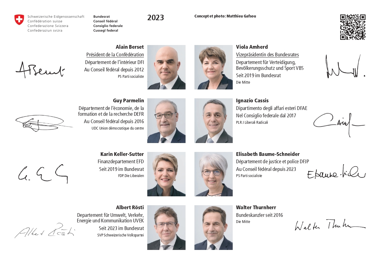 Šveicarija: oficialus 2023 m. Šveicarijos federalinės tarybos atvirukas