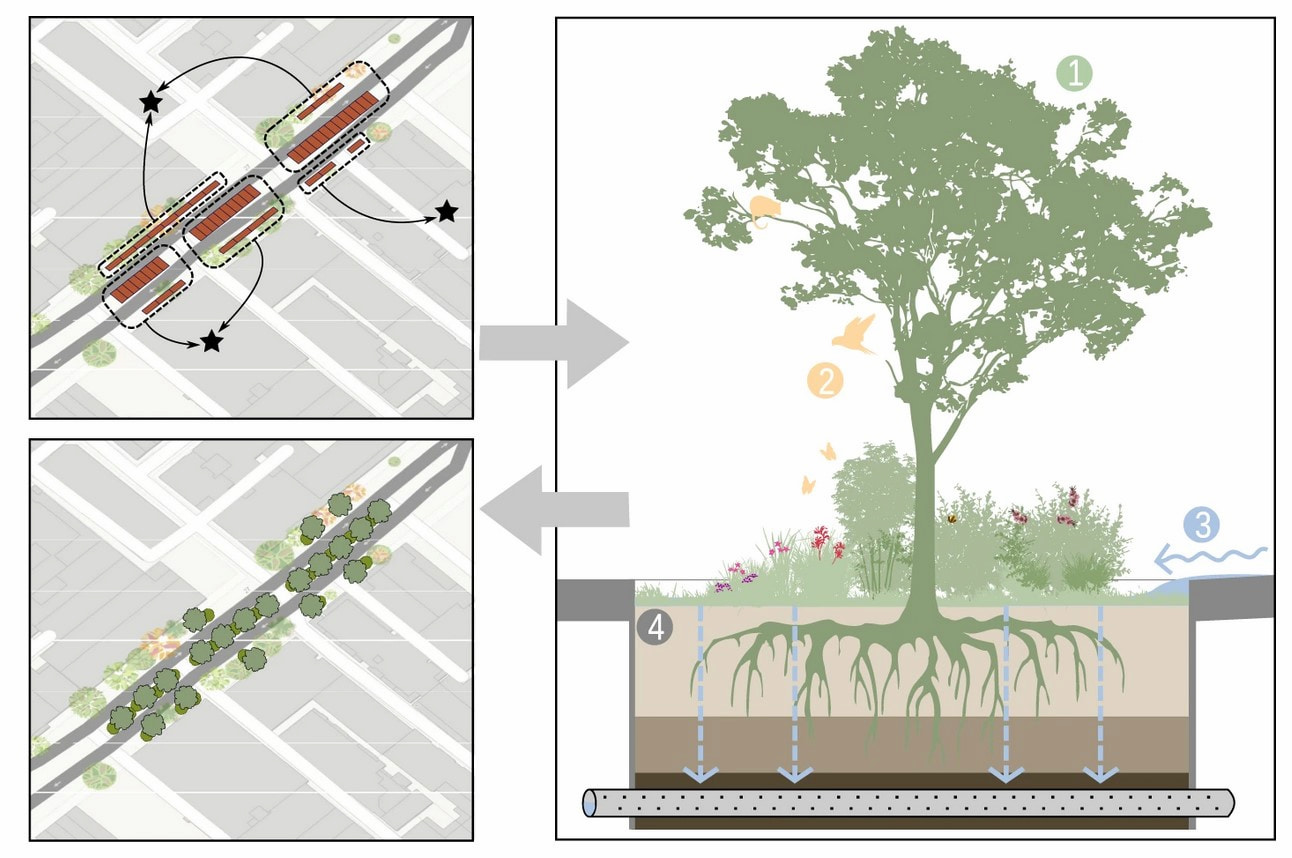 Illustrazione del case study di Nature sulla riconversione dei parcheggi in aree verdi
