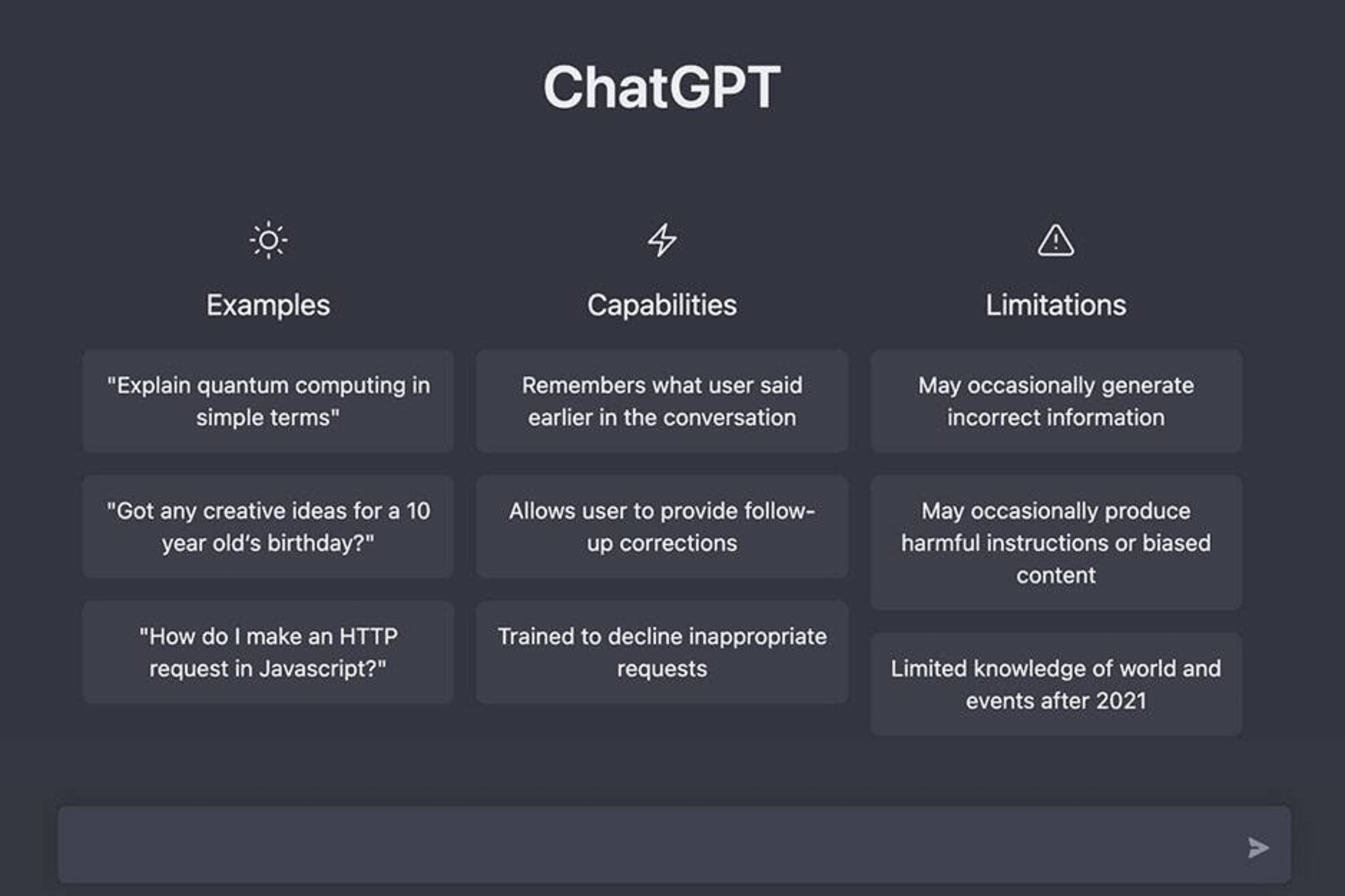 ChatGPT: leták obsahující silné a slabé stránky ChatGPT a také tři příklady jeho fungování