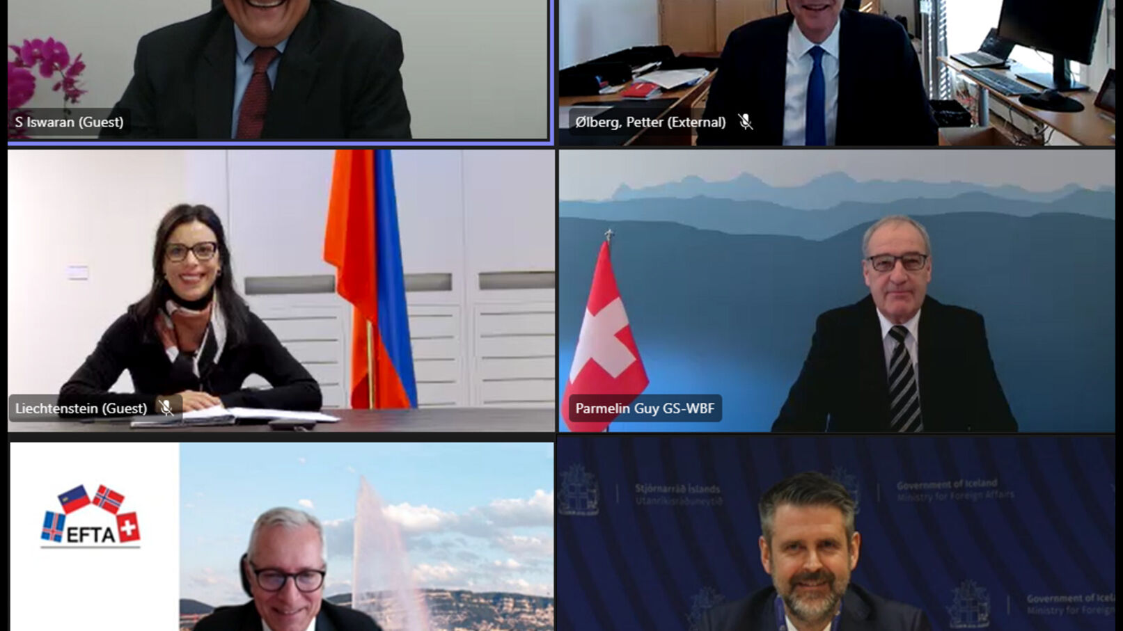 數字貿易：16 年 2023 月 XNUMX 日，歐洲自由貿易聯盟 (EFTA) 成員國和新加坡共和國的高級代表（由 S. Iswaran 部長代表）舉行虛擬會議，啟動協議談判關於數字經濟：Dominique Hasler（列支敦士登）、Guy Parmelin（瑞士）、Martin Eyjólfsson（冰島）和 Petter Ølberg（挪威）出席