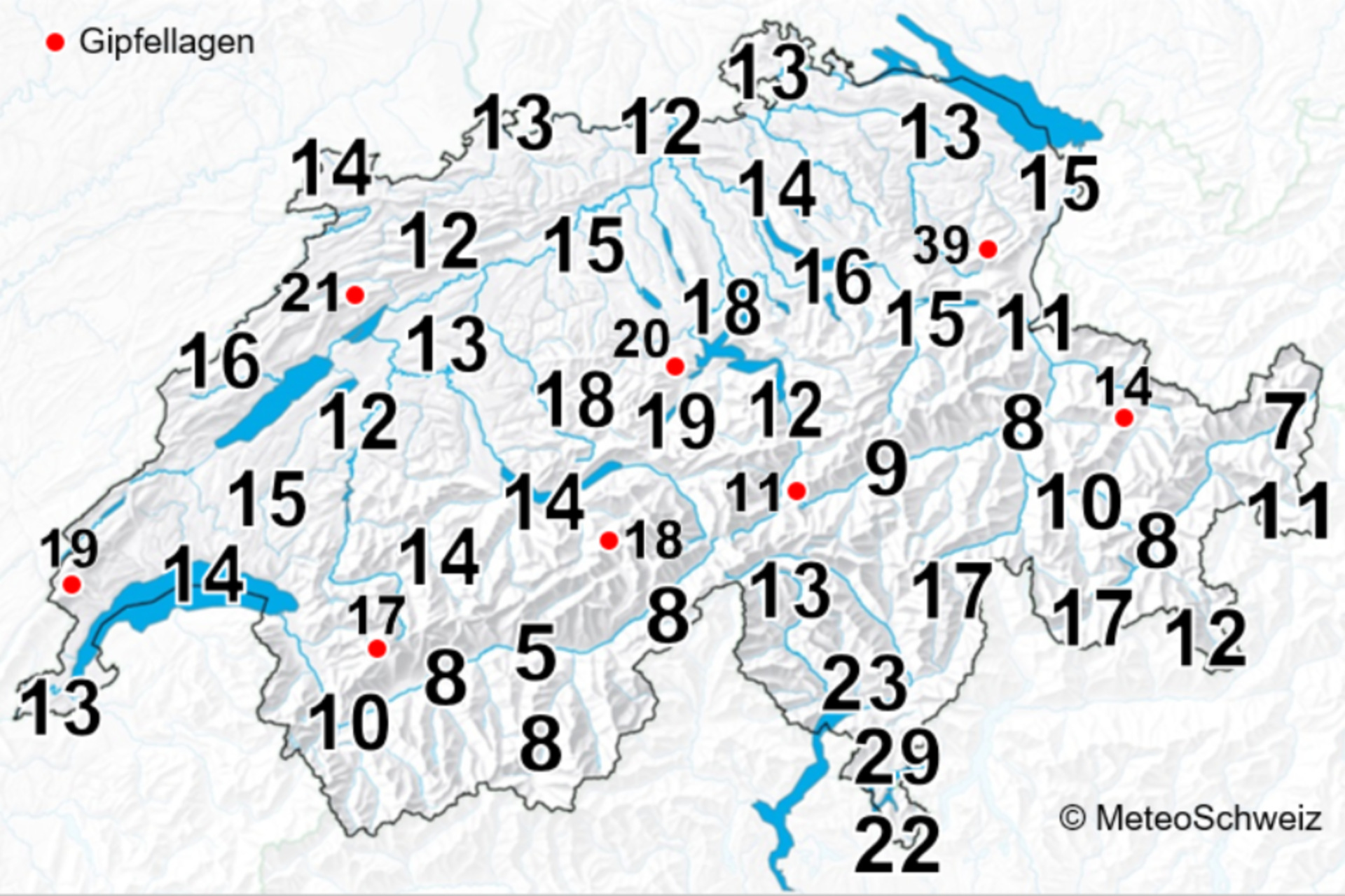 Blixtnedslag: det genomsnittliga antalet dagar med åskväder per år i Schweiz, vilket betyder minst ett åskväder per dag, för perioden 2000-2020