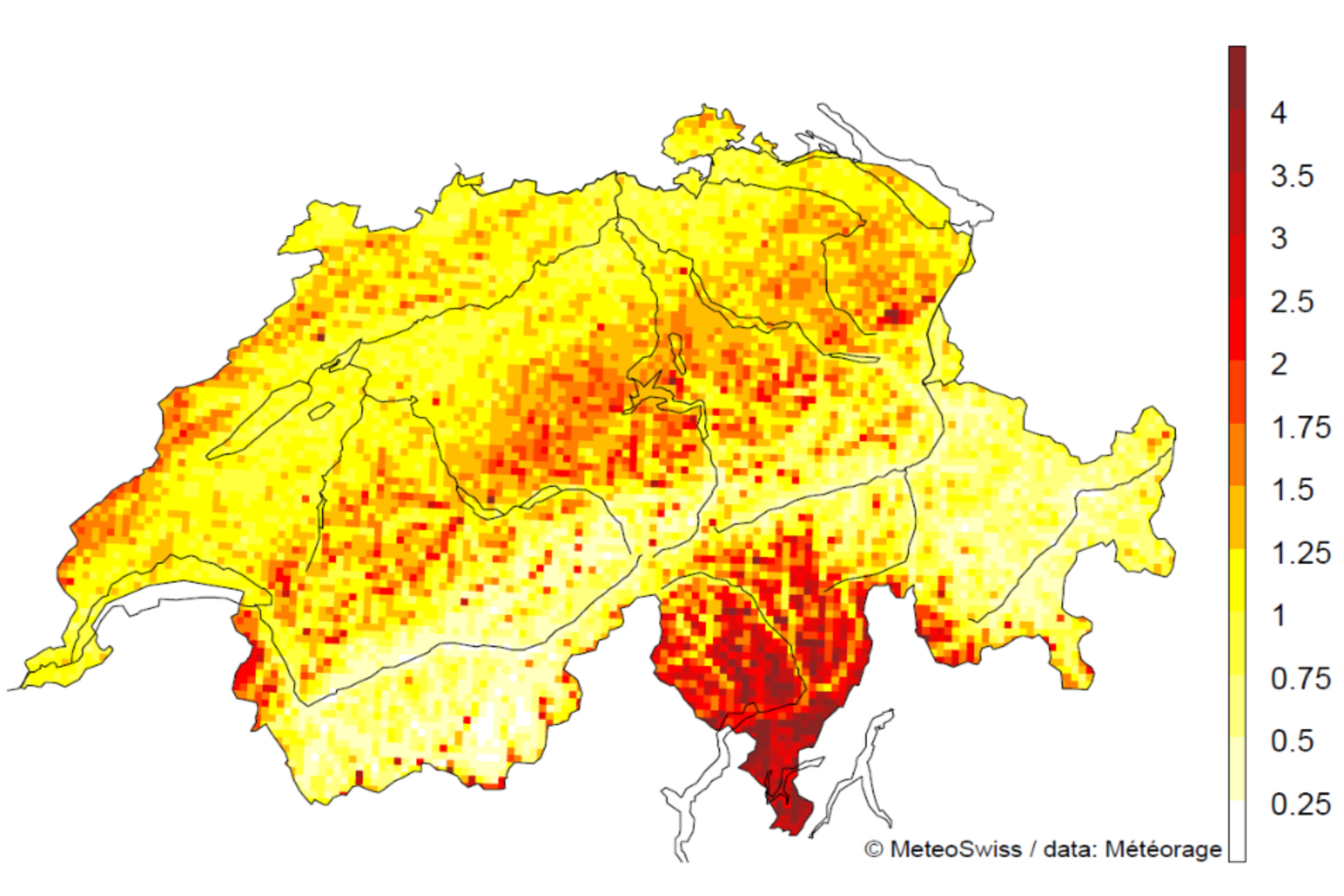 Lyn: antallet af lynnedslag pr. kvadratkilometer i Schweiz i perioden 2000-2020, eksklusive sekundære lynnedslag