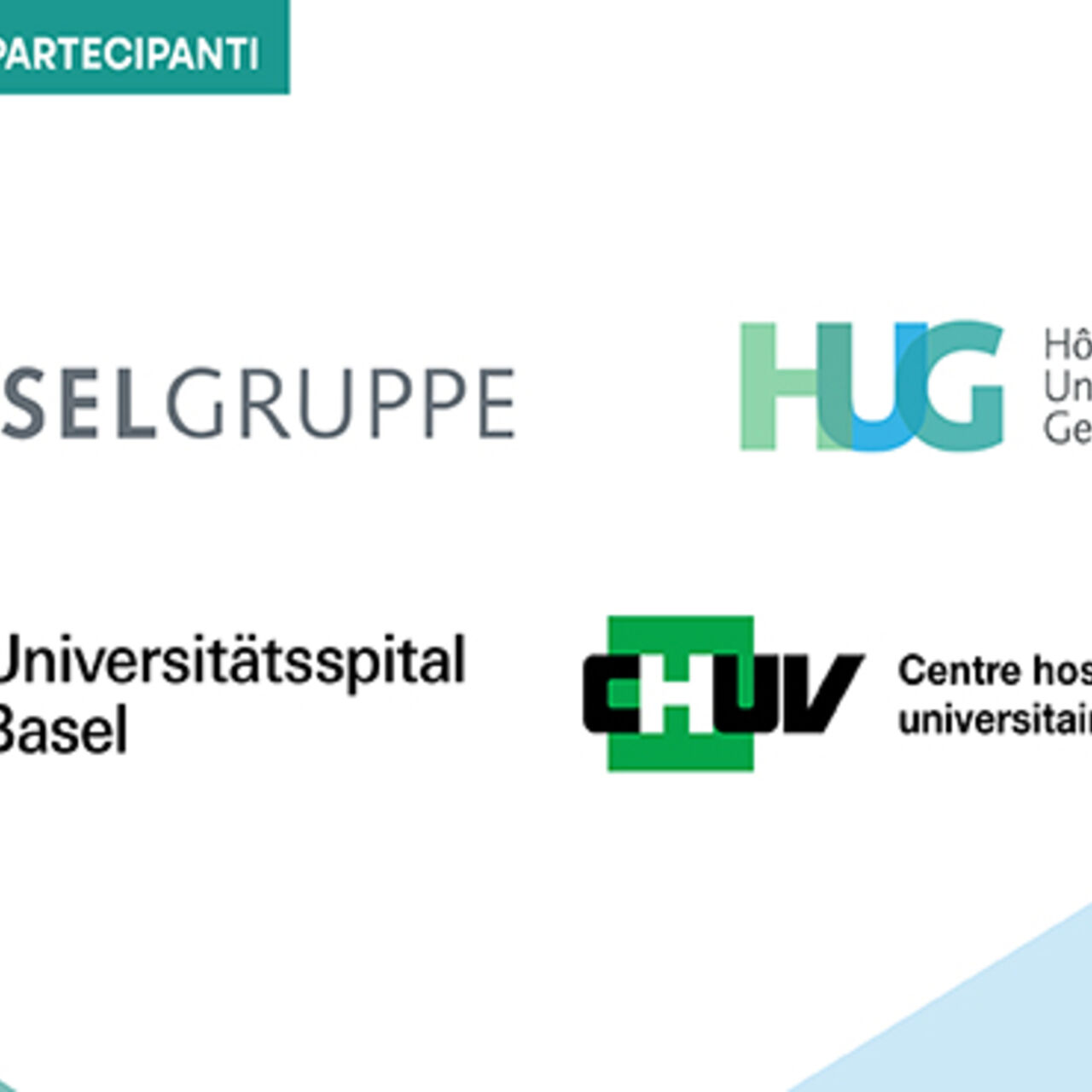 Ospedali universitari: i logotipi dei quattro ospedali universitari delle città di Basilea, Berna, Losanna e Ginevra che hanno aderito all'iniziativa della Confederazione Svizzera 