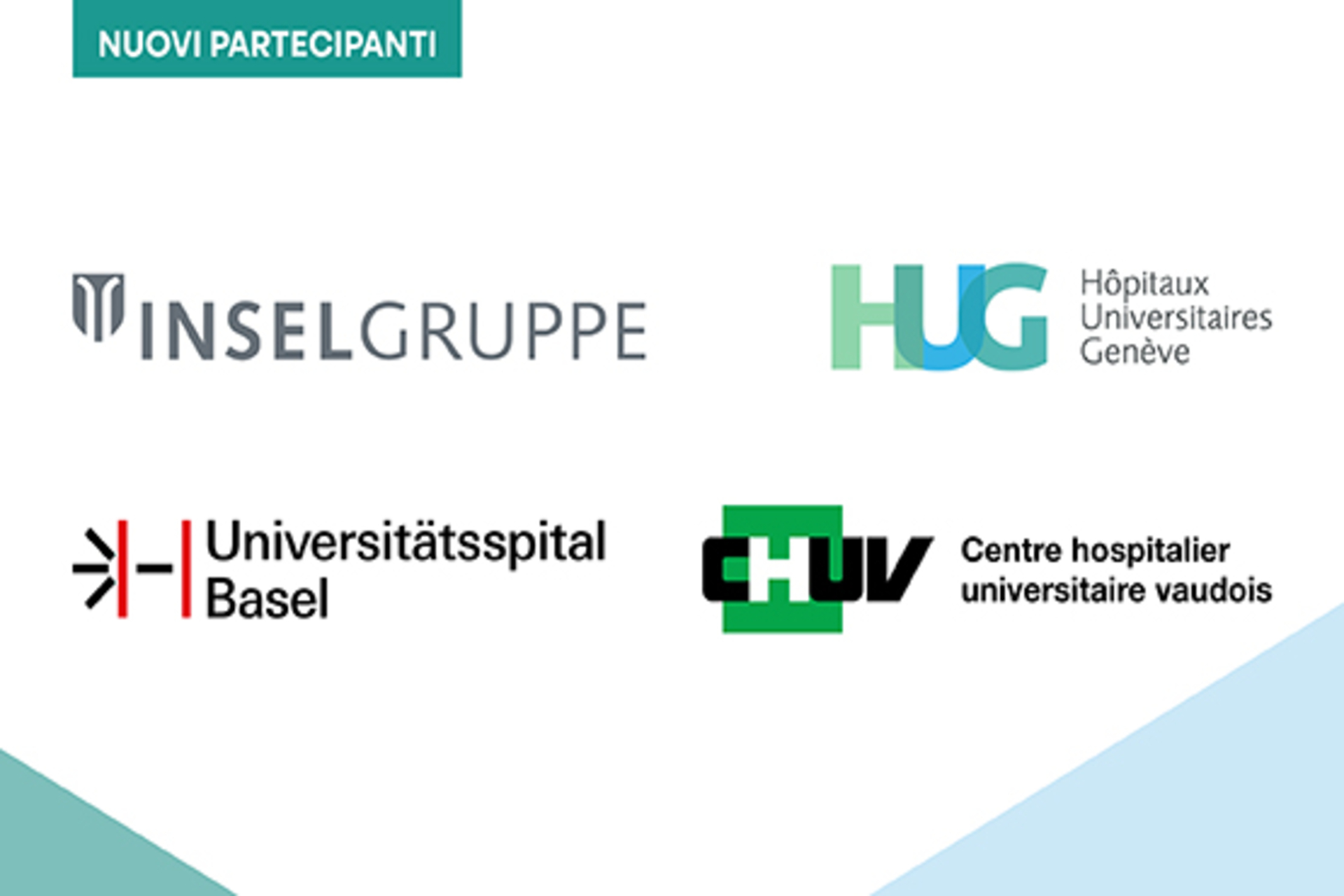 Ospedali universitari: i logotipi dei quattro ospedali universitari delle città di Basilea, Berna, Losanna e Ginevra che hanno aderito all'iniziativa della Confederazione Svizzera "Energia e Clima Esemplari"