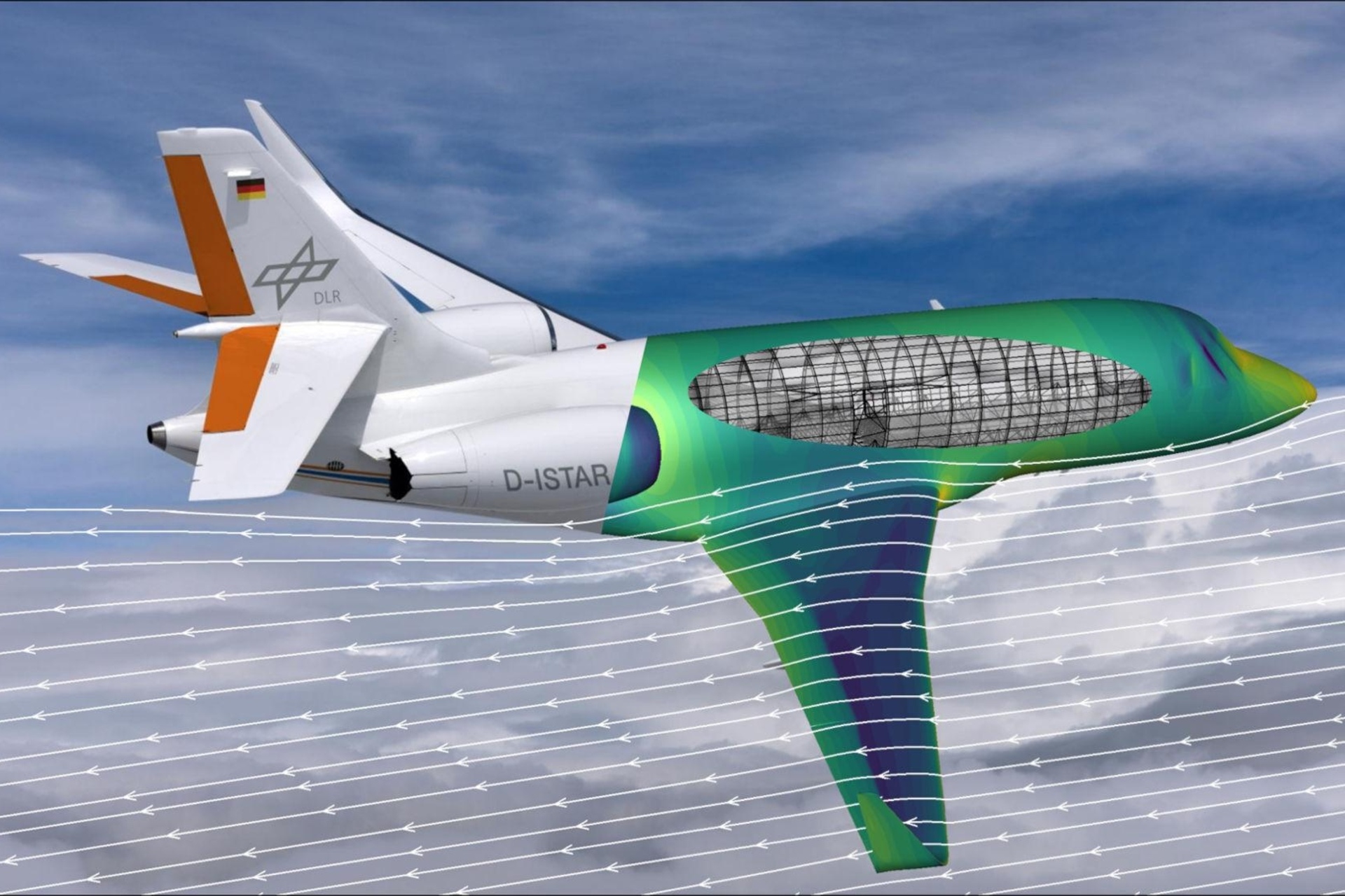 CFD: Computer-aided simulation of aerodynamic flows, computational fluid dynamics or CFD is the basis for the development of the next generation airplanes: the ISTAR research aircraft of the DLR is shown with a section visualized using the color gradient of a flow simulation carried out with the new software developed by Airbus, DLR and ONERA