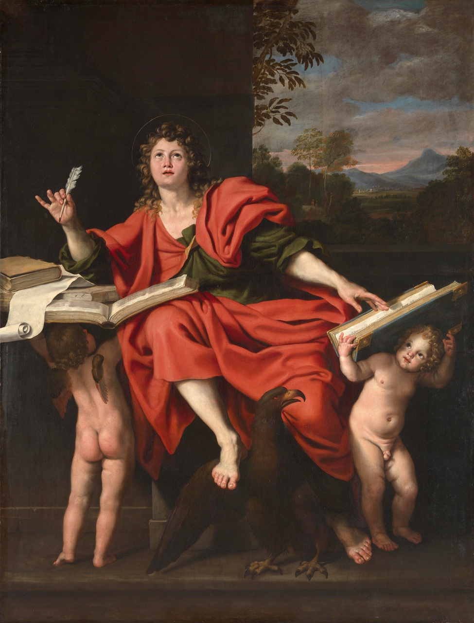 Intelligenza Artificiale: San Giovanni Evangelista, raffigurato come un giovane accompagnato dal suo simbolo tradizionale, l'aquila e due putti, è un dipinto del 1620 del pittore barocco italiano Domenichino.